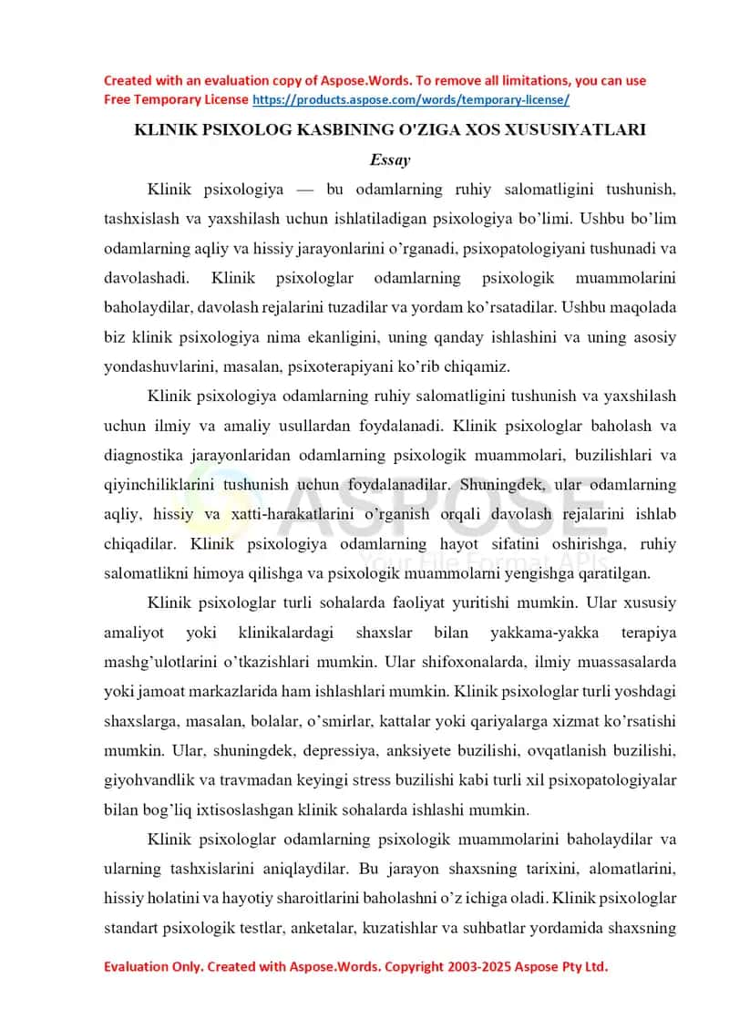 Klinik psixolog kasbinining o‘ziga xos xususiyatlari 1