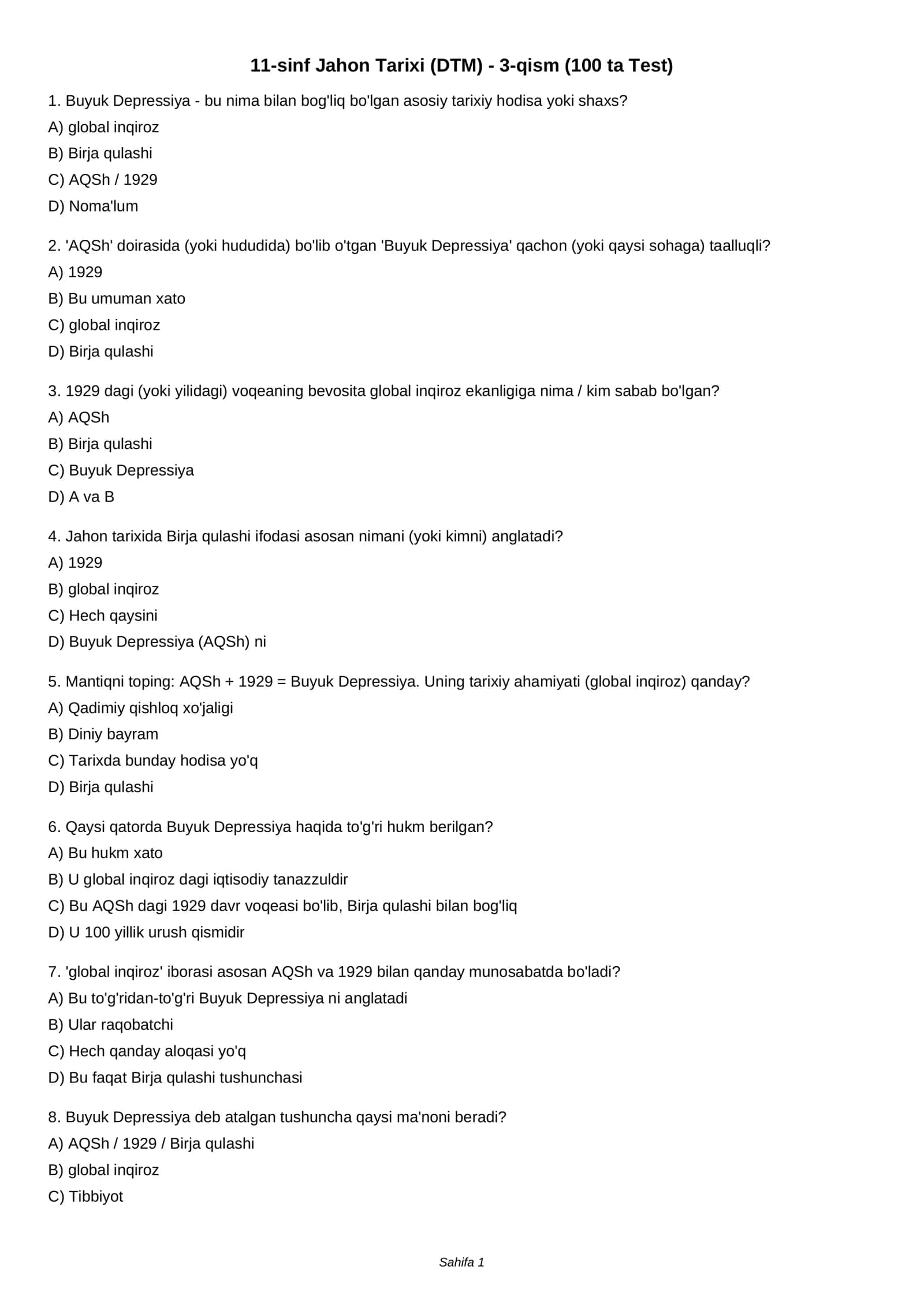 11-sinf Jahon Tarixi (DTM) - 3-qism (100 ta Test) 1