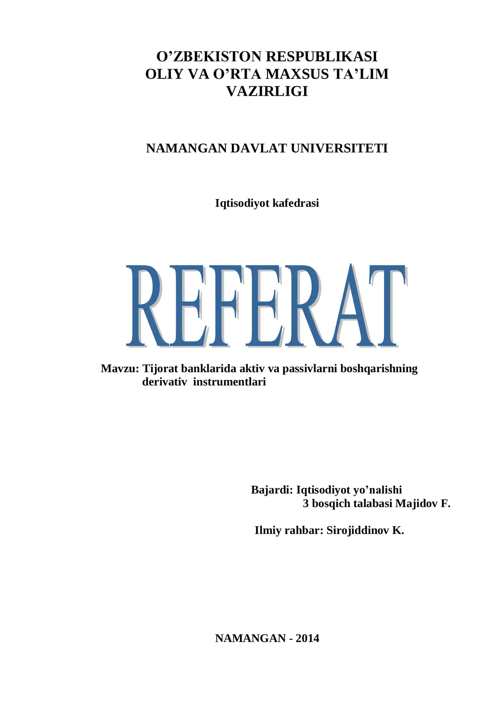 Tijorat banklarida aktiv va passivlarni boshqarishning derivativ instrumentlari 1