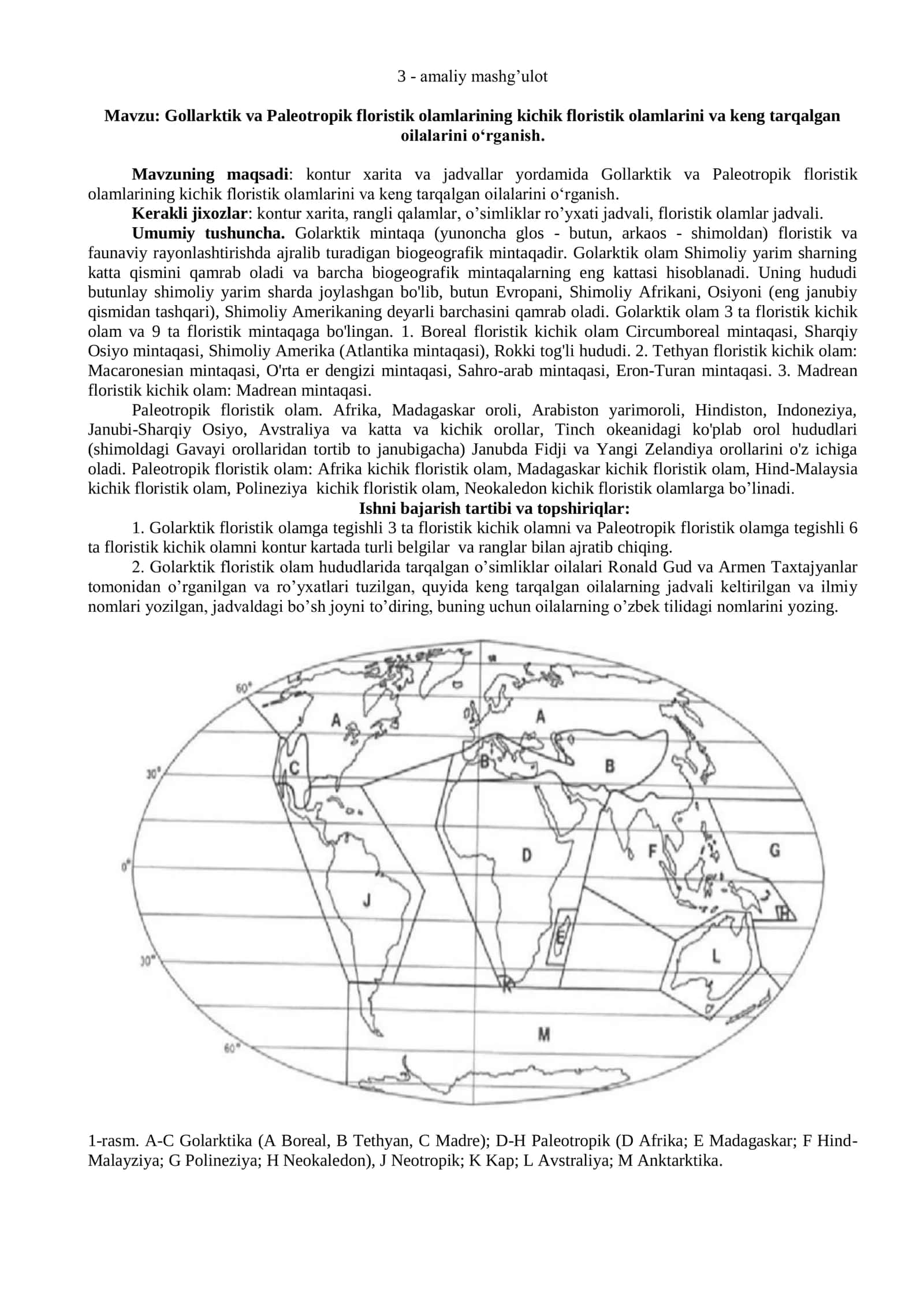 Gollarktik va Paleotropik floristik olamlarining kichik floristik olamlarini va keng tarqalgan oilalarini o‘rganish 1