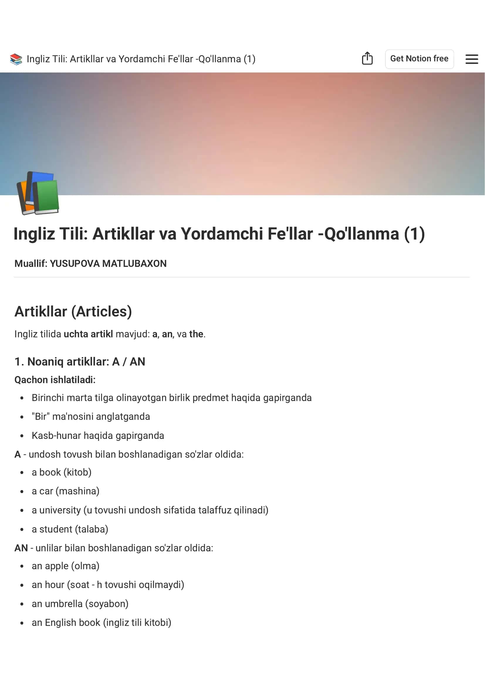 Ingliz Tili: Artikllar va Yordamchi Fe'llar -Qo'llanma (1) 1