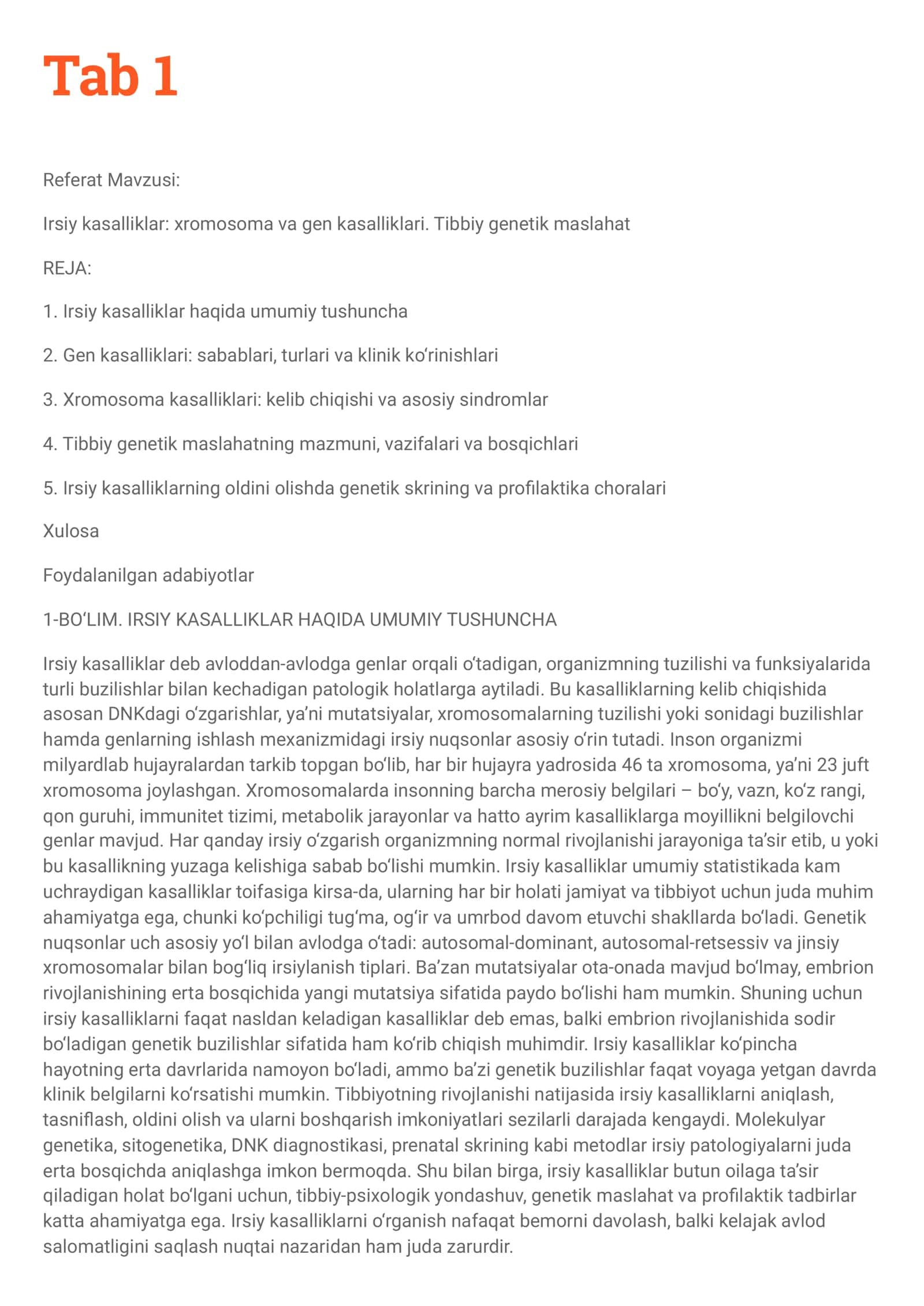 Irsiy kasalliklar: xromosoma va gen kasalliklari. Tibbiy genetik maslahat 1