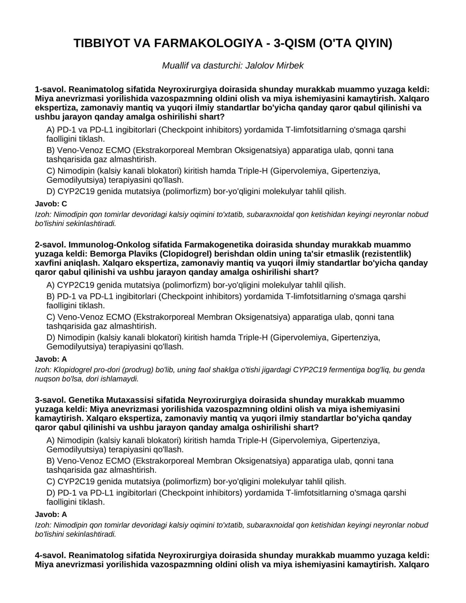 TIBBIYOT VA FARMAKOLOGIYA - 3-QISM (O'TA QIYIN) 1