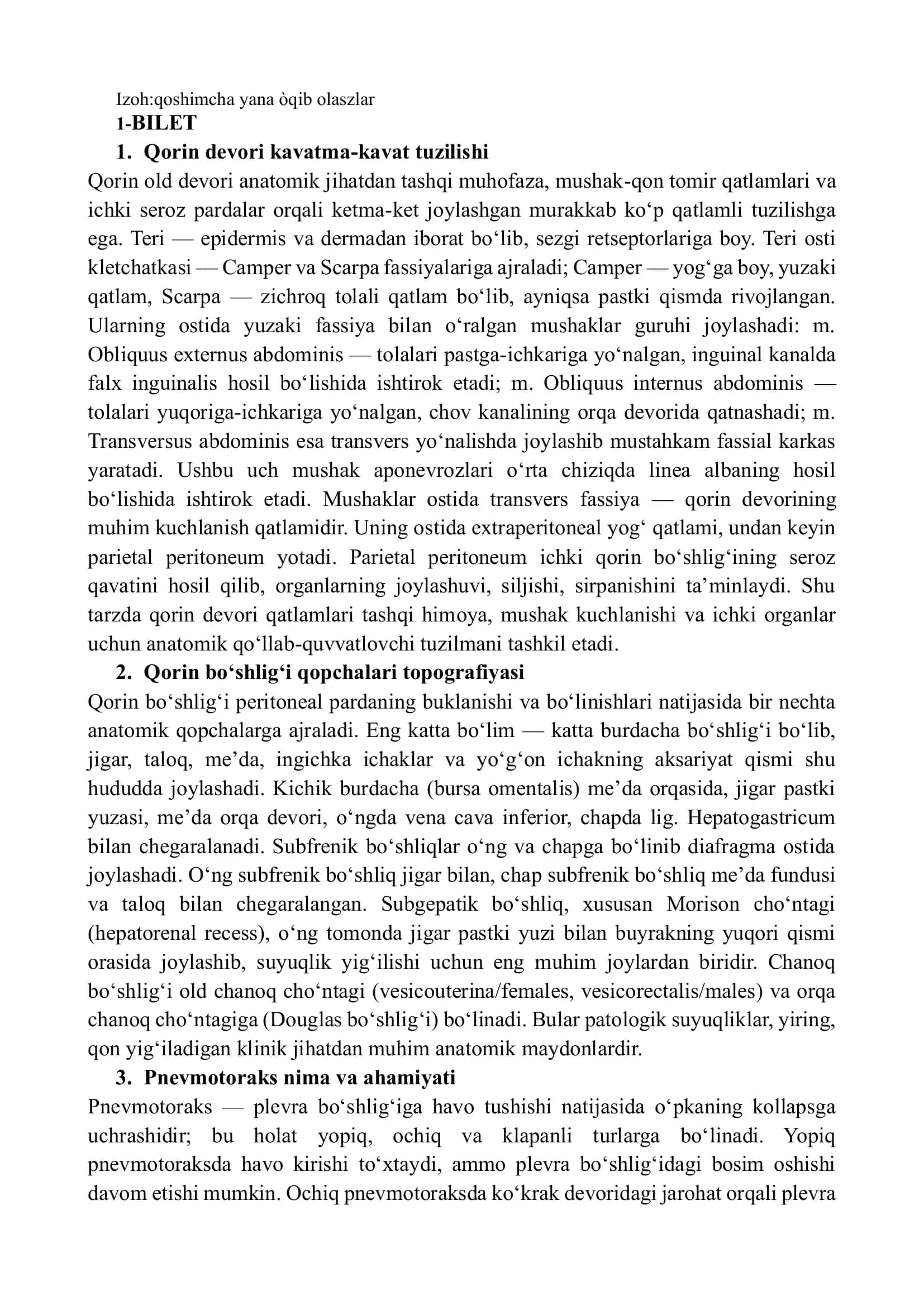 Klinik anatomiya 20 ta bilet javoblari. Klinik anatomiya  oraliq savollarga javoblar 1