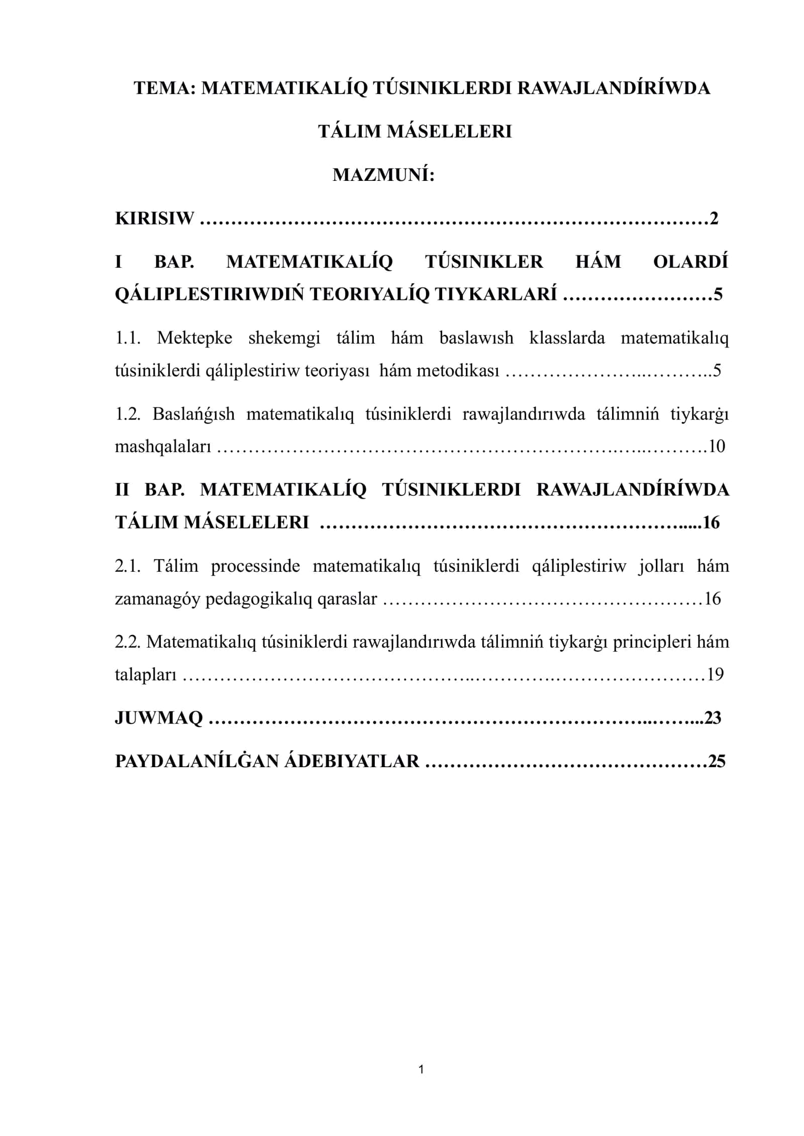 Matematikalıq túsiniklerdi rawajlandırıwda tálim máseleleri 1