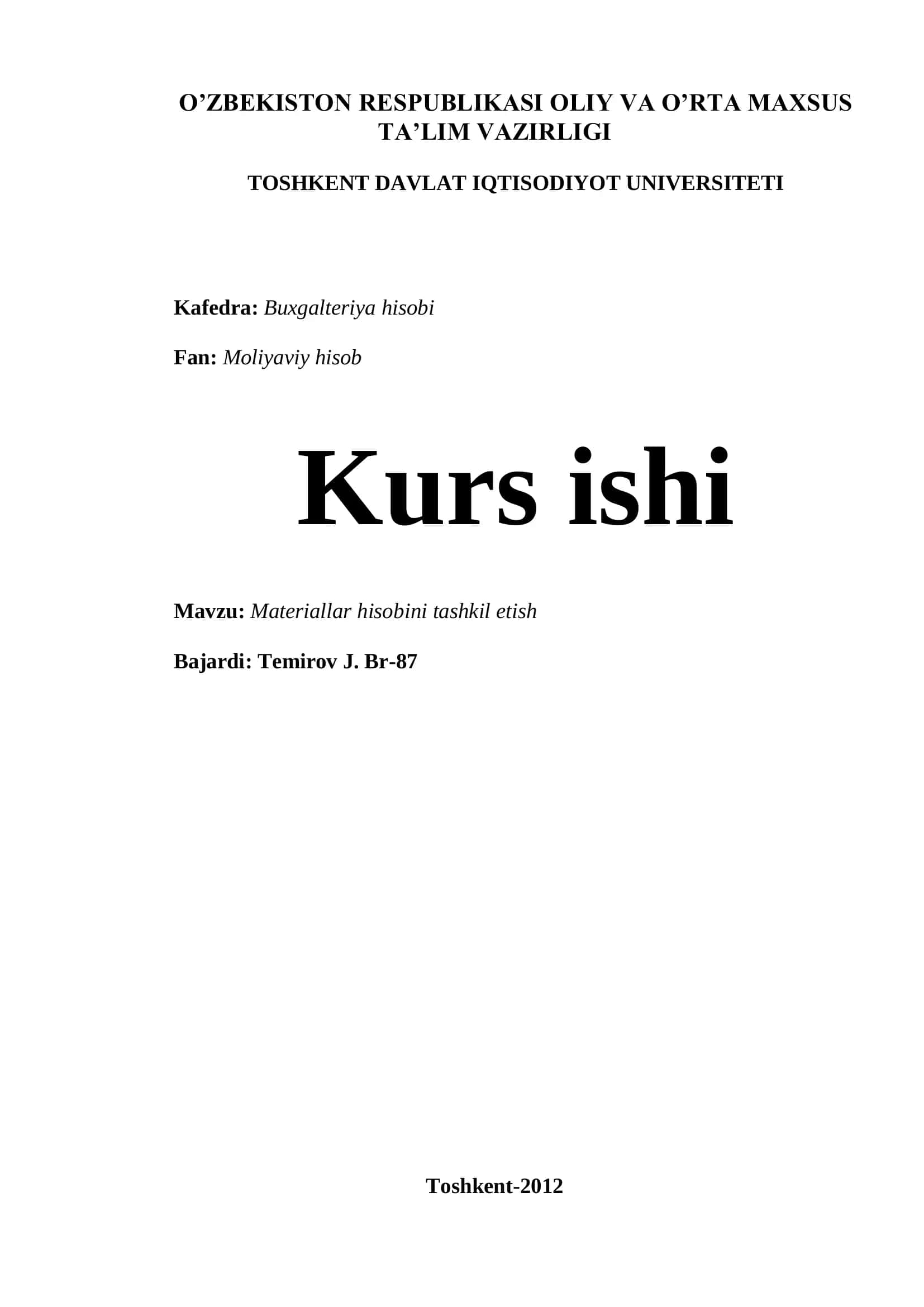 Materiallar hisobini tashkil etish 1