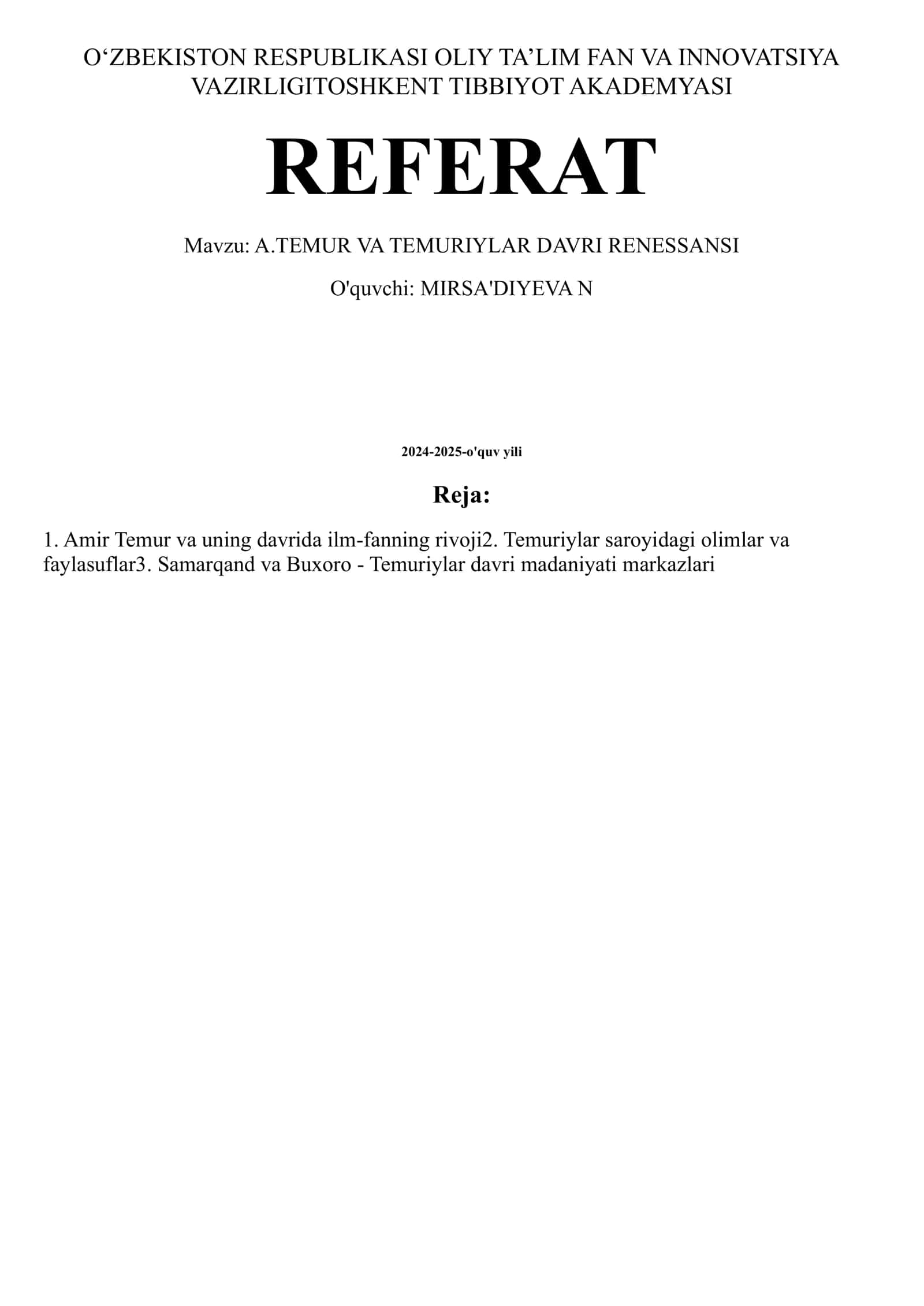 A.TEMUR VA TEMURIYLAR DAVRI RENESSANSI 1