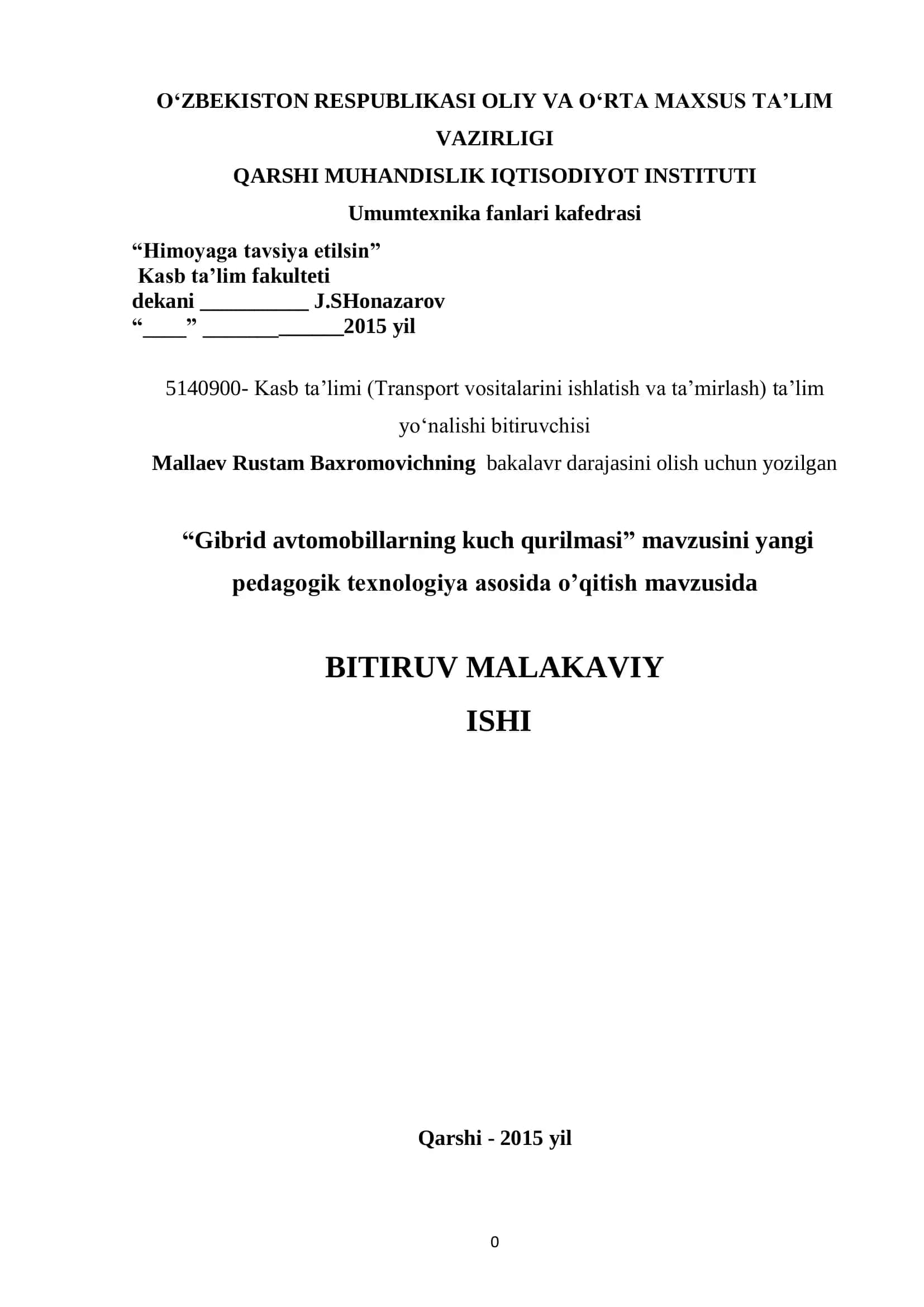 Gibrid avtomobillarning kuch qurilmasi 1