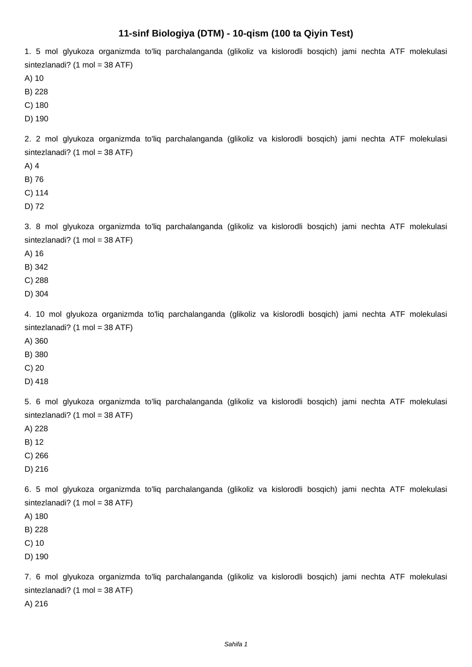 11-sinf Biologiya (DTM) - 10-qism (100 ta Qiyin Test) 1