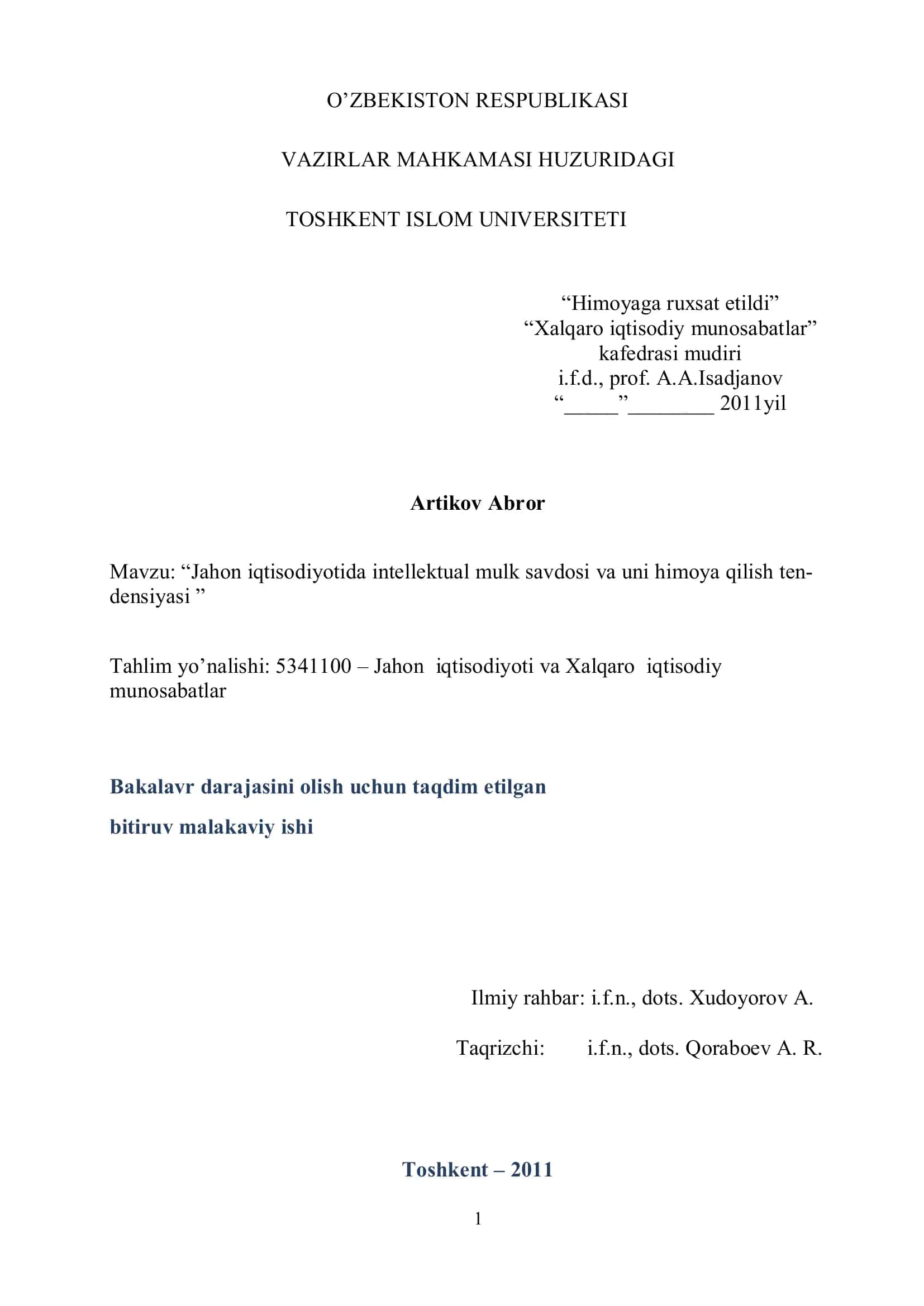 Jahon iqtisodiyotida intellektual mulk savdosi va uni himoya qilish ten 1