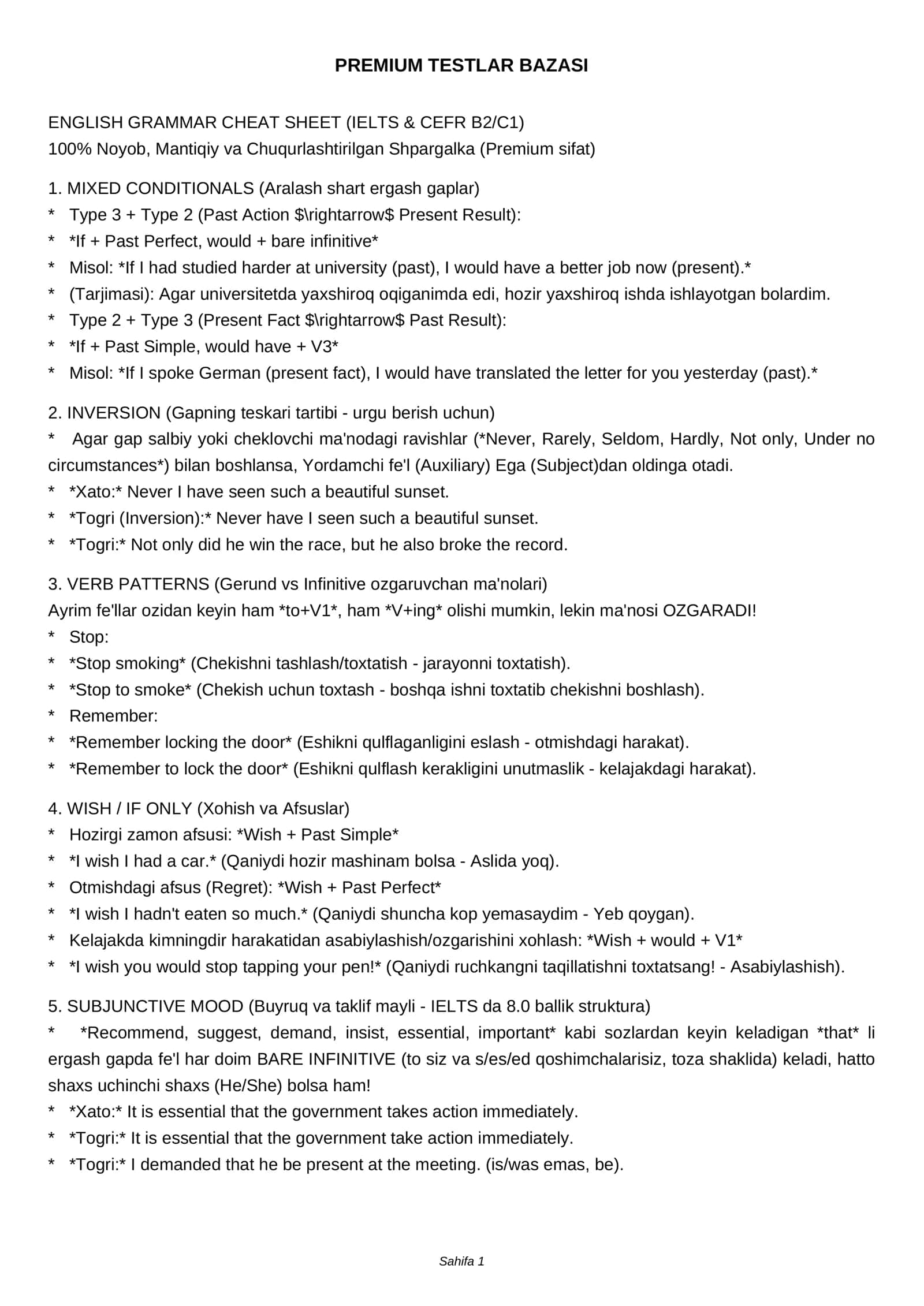 ENGLISH GRAMMAR CHEAT SHEET (IELTS & CEFR B2/C1) 1