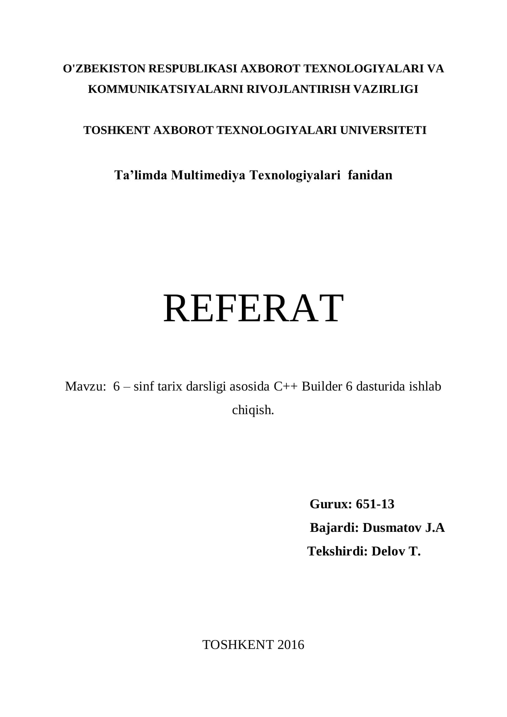 6 – sinf tarix darsligi asosida C++ Builder 6 dasturida ishlab chiqish 1