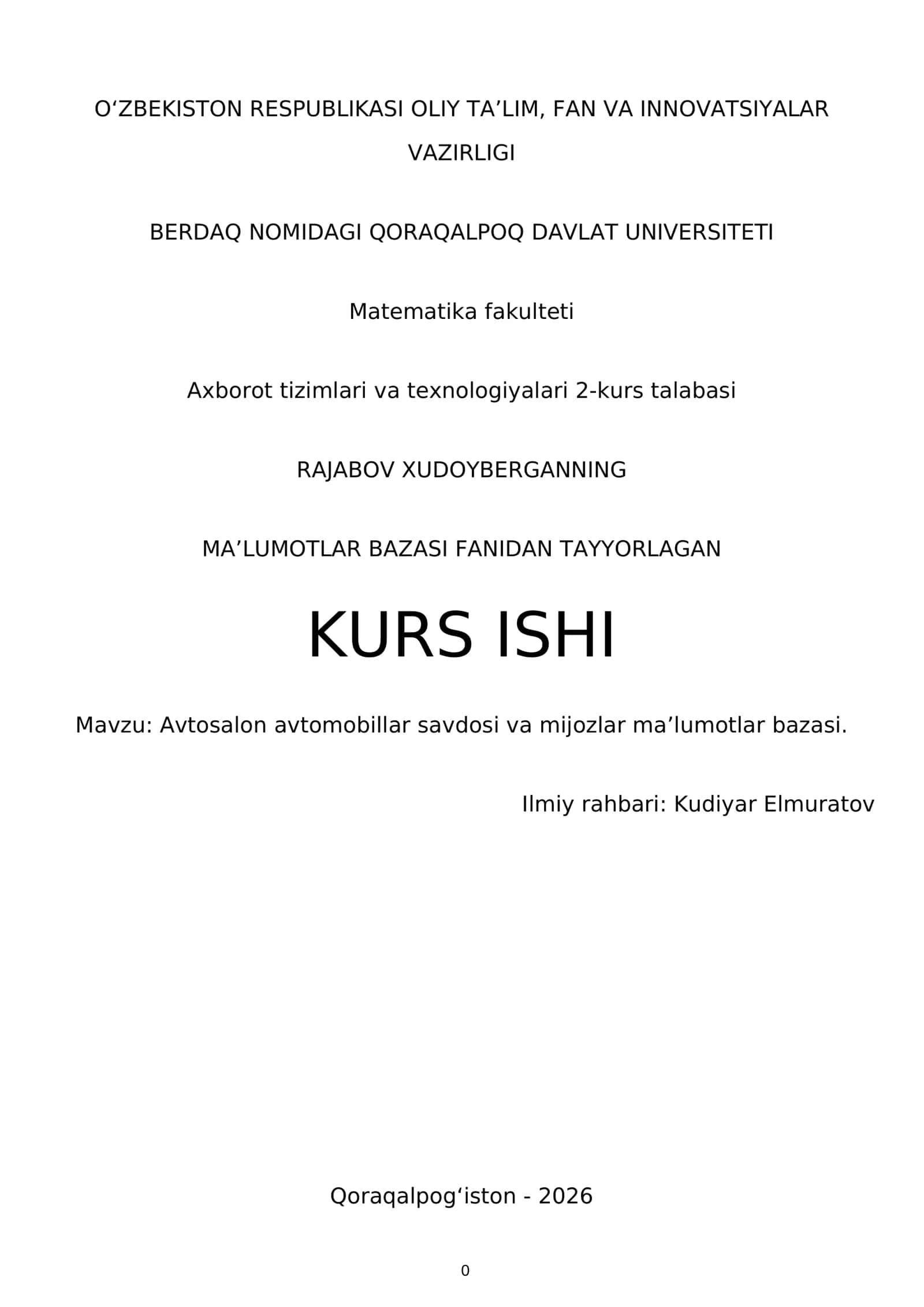 KURS ISHI: Avtosalon avtomobillar savdosi va mijozlar ma’lumotlar bazasi 1