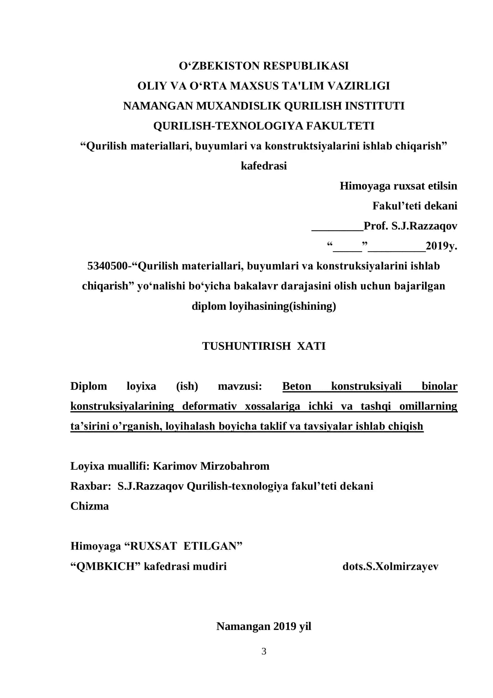 Beton konstruksiyali binolar konstruksiyalarining deformativ xossalariga ichki va tashqi omillarning ta‟sirini o‟rganish 1