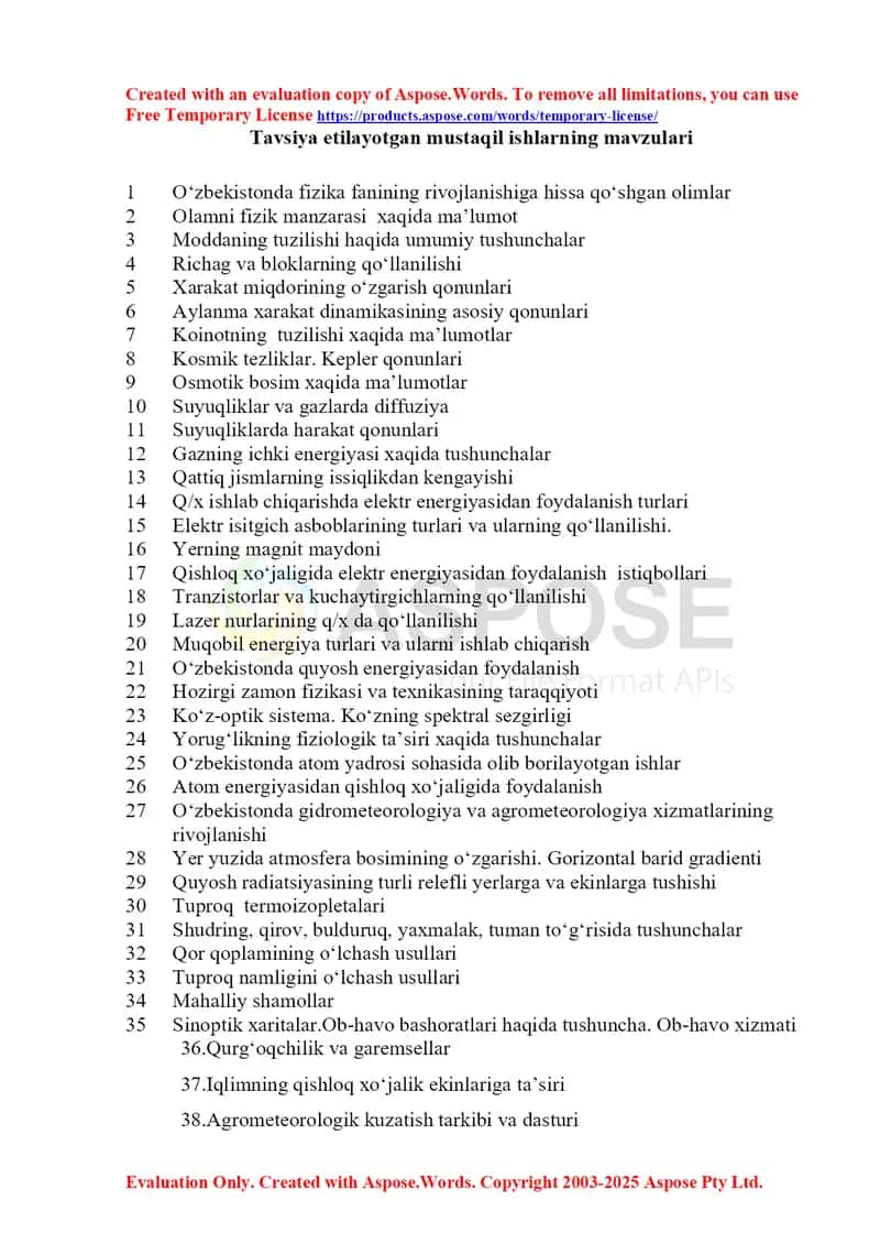 Tavsiya etilayotgan mustaqil ishlarning mavzulari 1