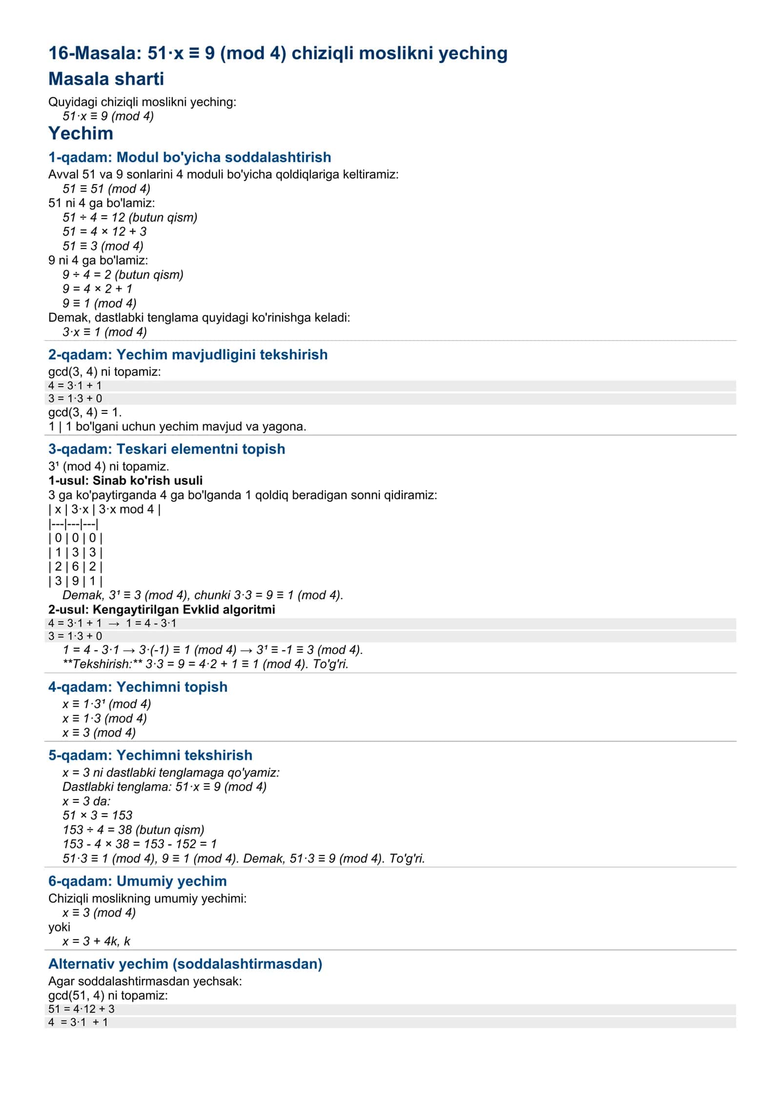 16-Masala: 51·x ≡ 9 (mod 1