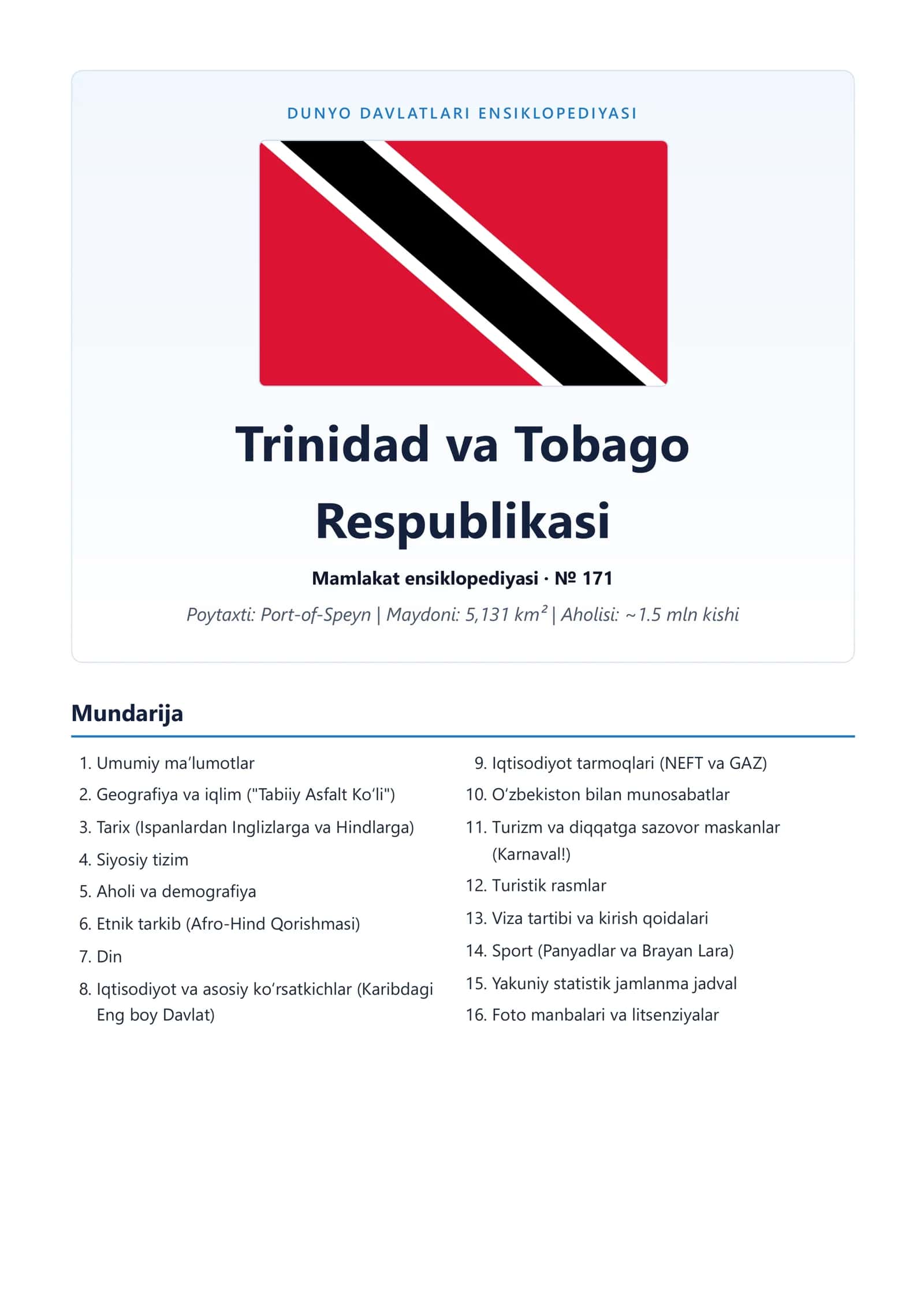 DUNYODAVLATLARI ENSIKLOPEDIYASI Trinidad va Tobago Respublikasi 1