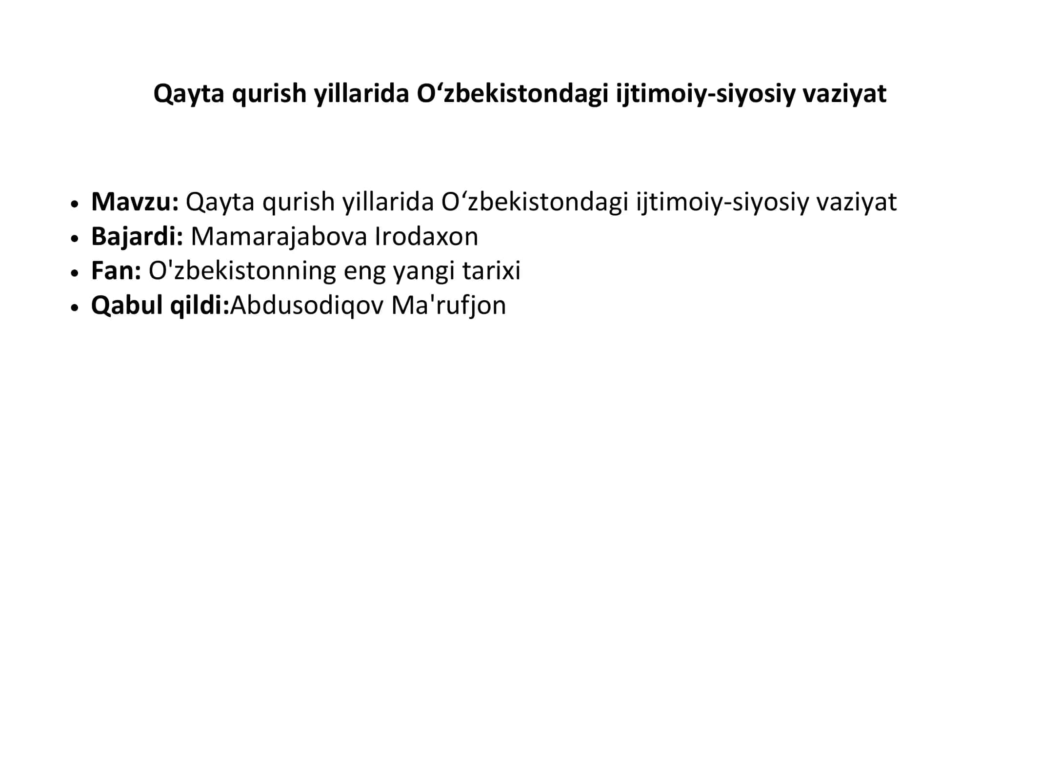 Qayta qurish yillarida O‘zbekistondagi ijtimoiy-siyosiy vaziyat 1