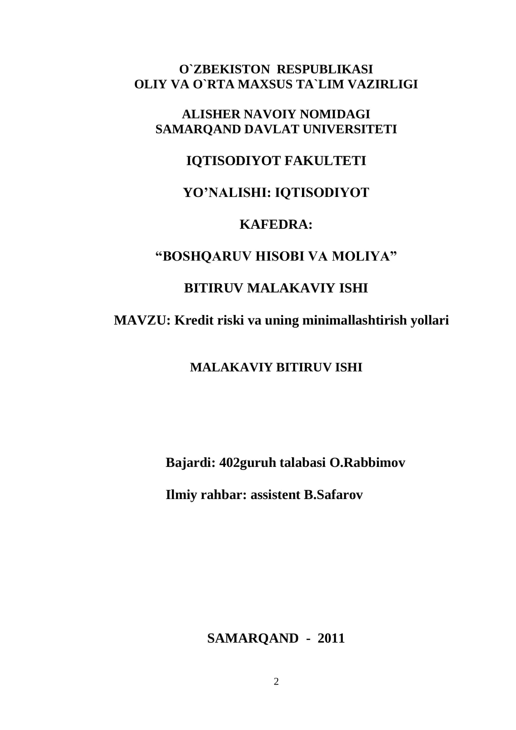 Kredit riski va uning minimallashtirish yollari 1