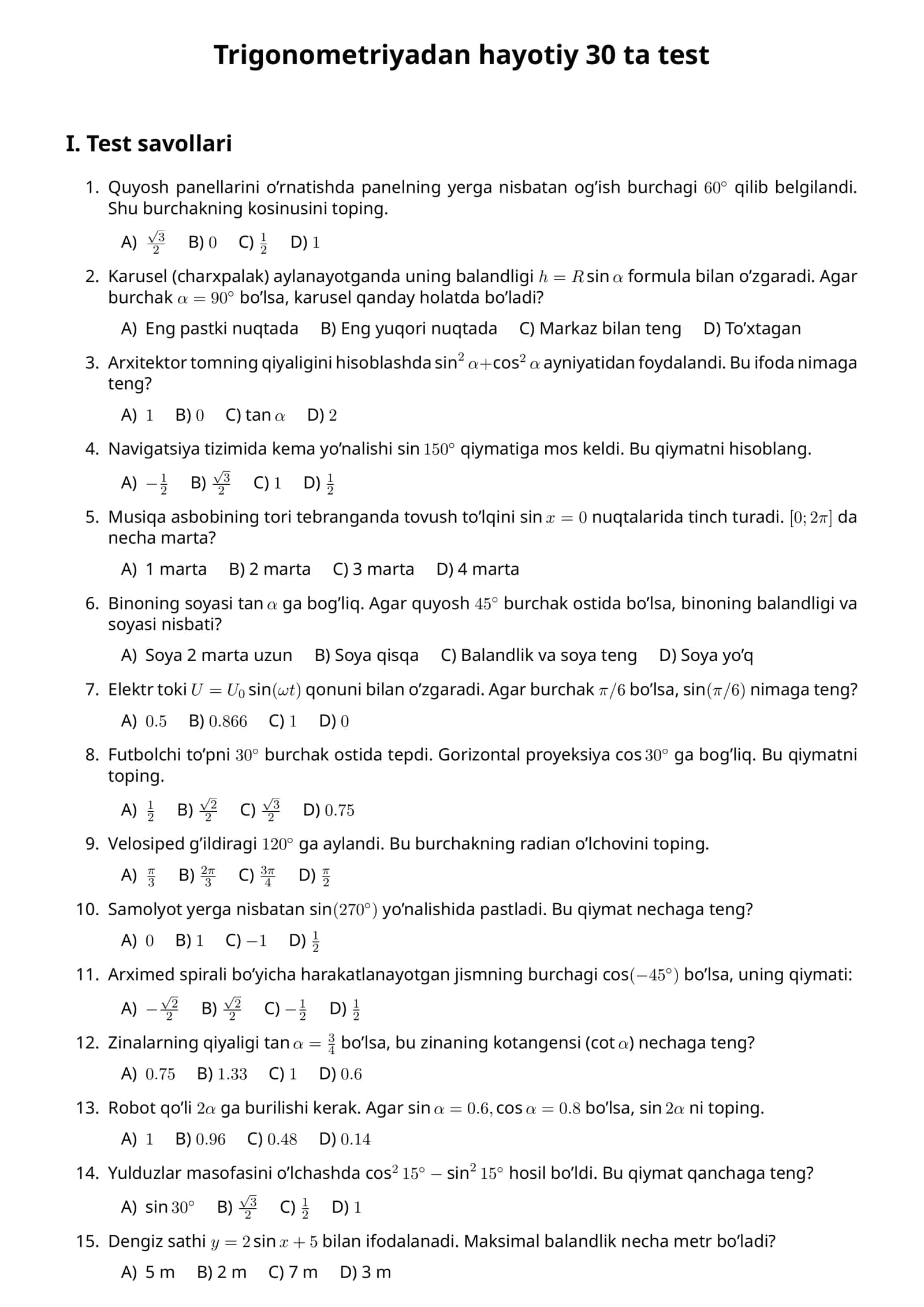 Trigonometriyadan hayotiy 30 ta test 1