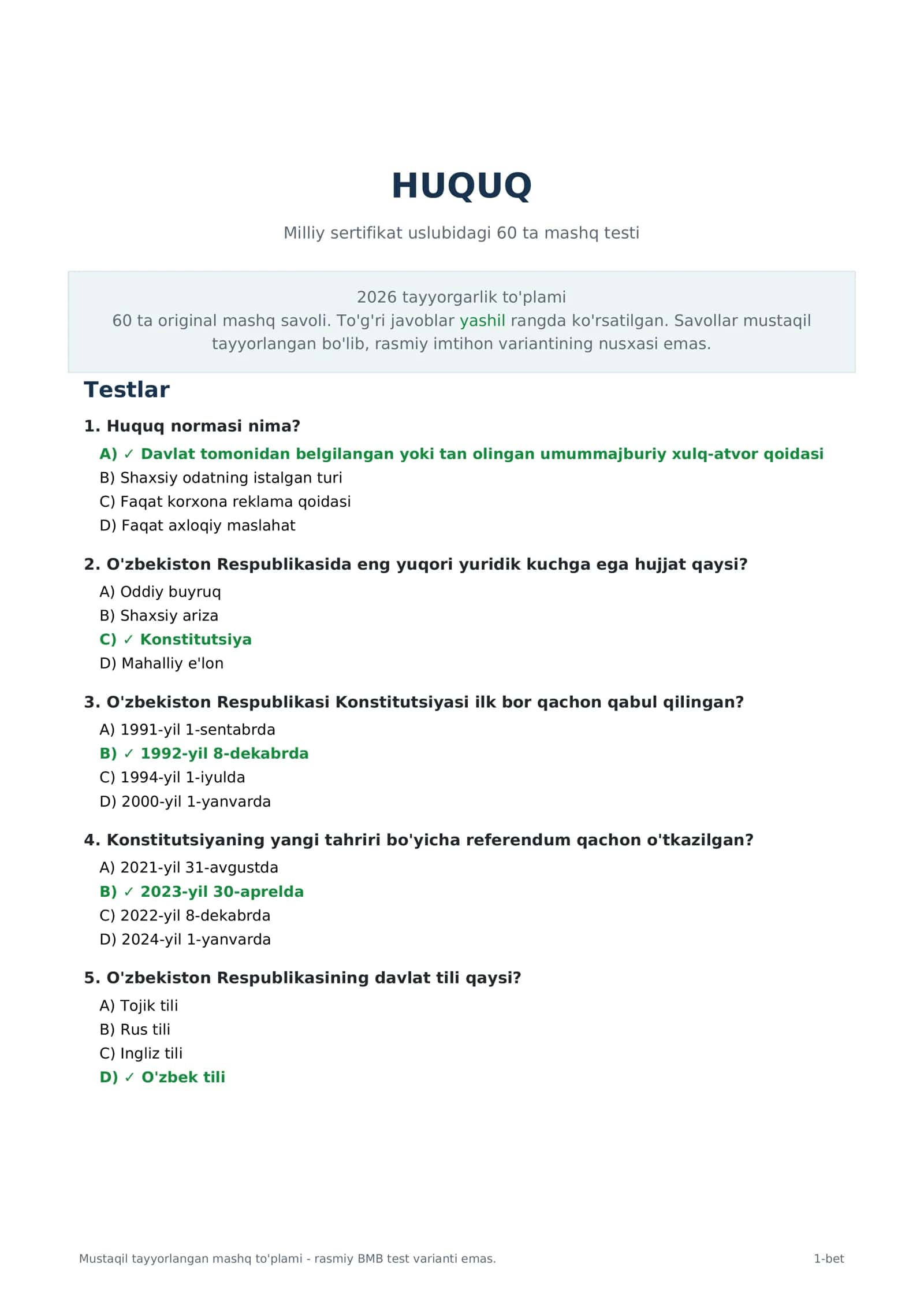 🔥 HUQUQ FANIDAN 60 TA TEST + TO‘G‘RI JAVOBLAR | IMTIHON VA SERTIFIKATGA TAYYORLOV | 2026 📚 1