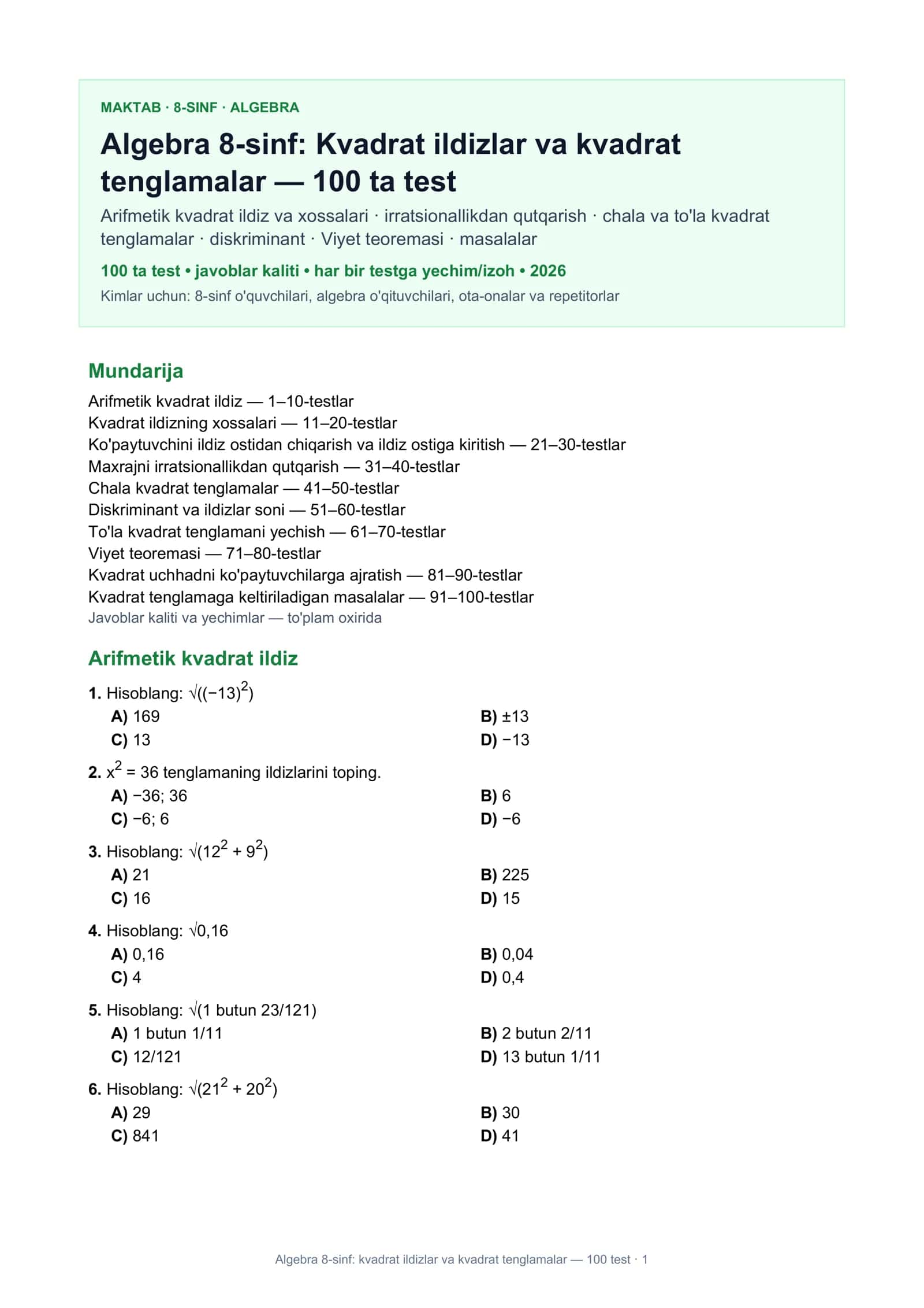Algebra 8-sinf: kvadrat ildizlar va kvadrat tenglamalar 1
