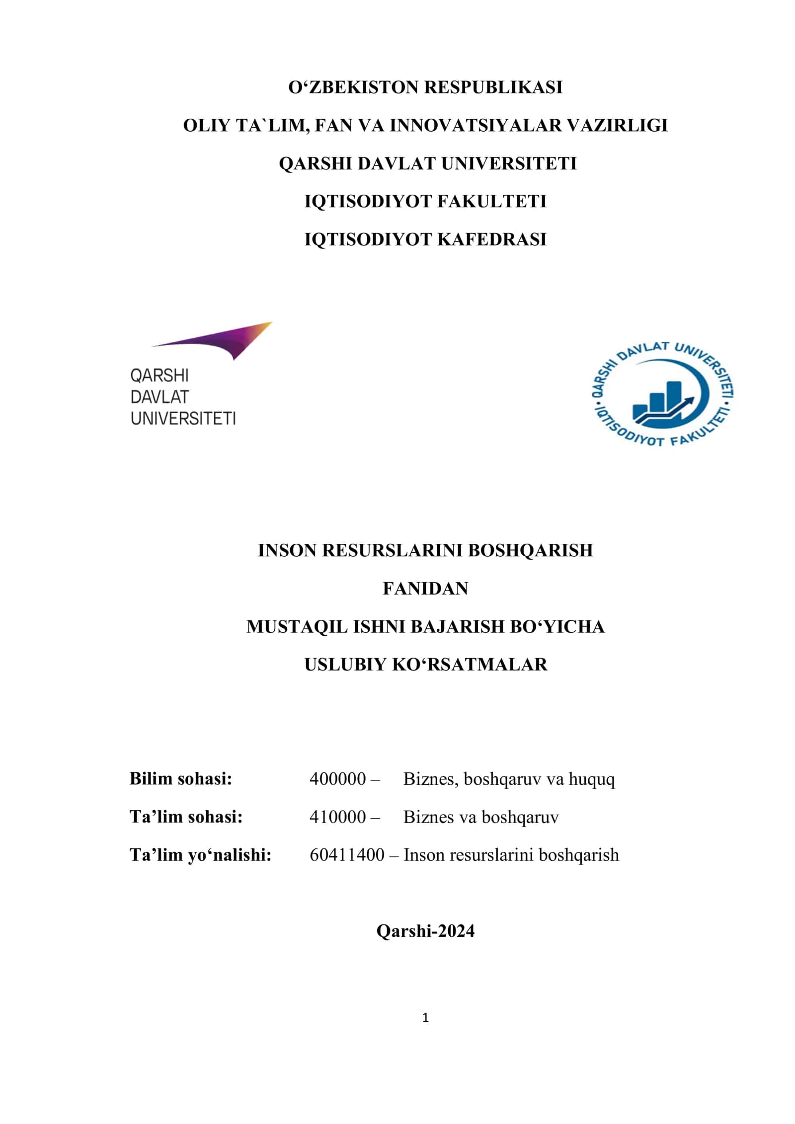 INSON RESURSLARINI BOSHQARISH 1
