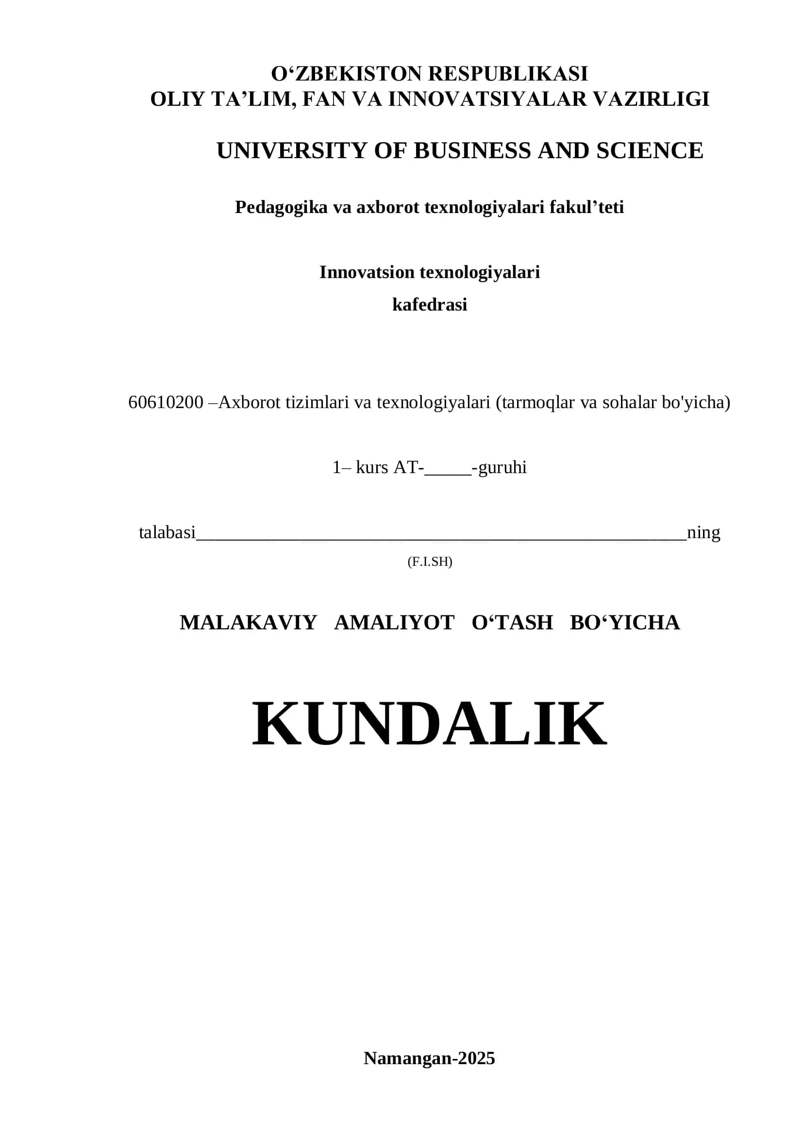 MALAKAVIY AMALIYOT O‘TASH BO‘YICHA 1