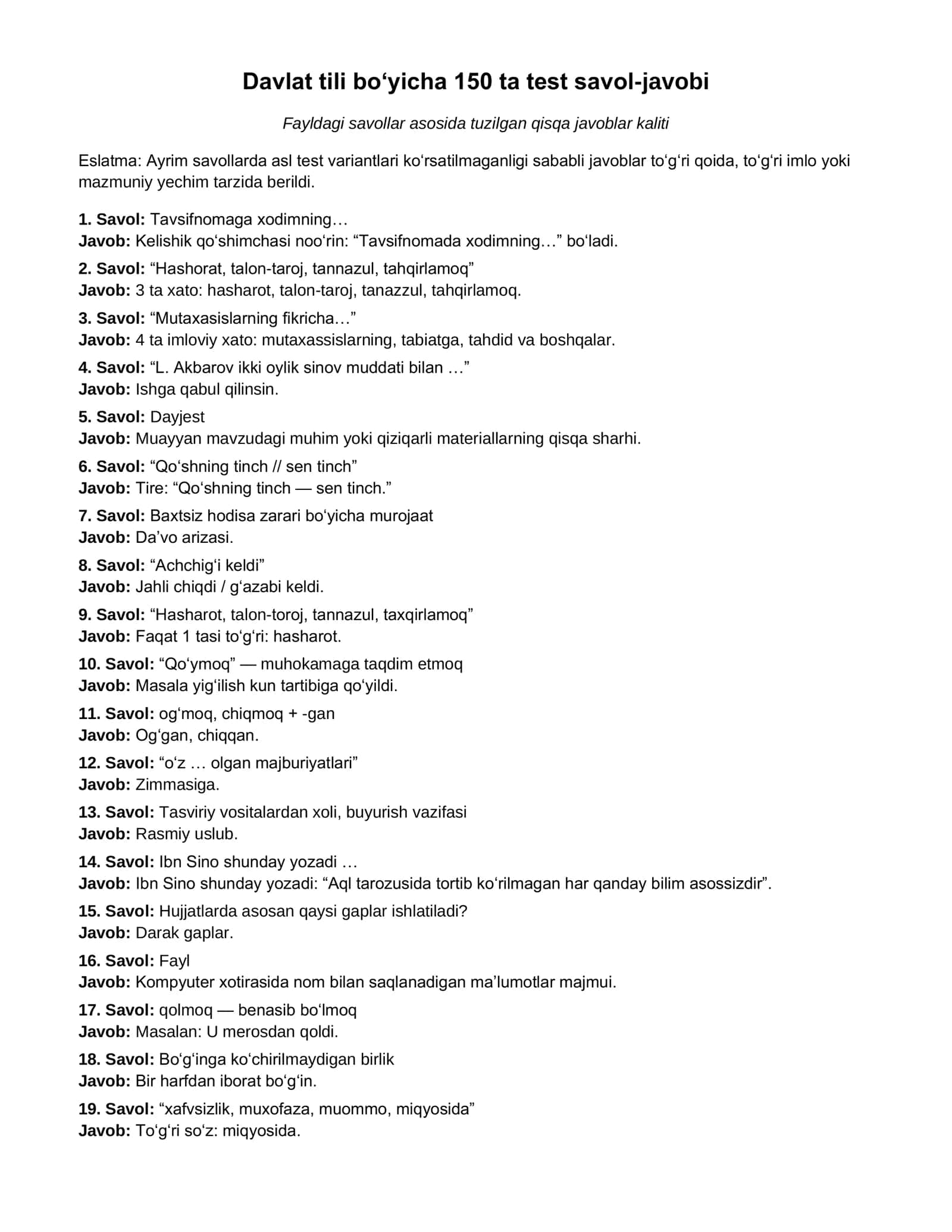 agros.uz dagi davlat tili test javoblari 1