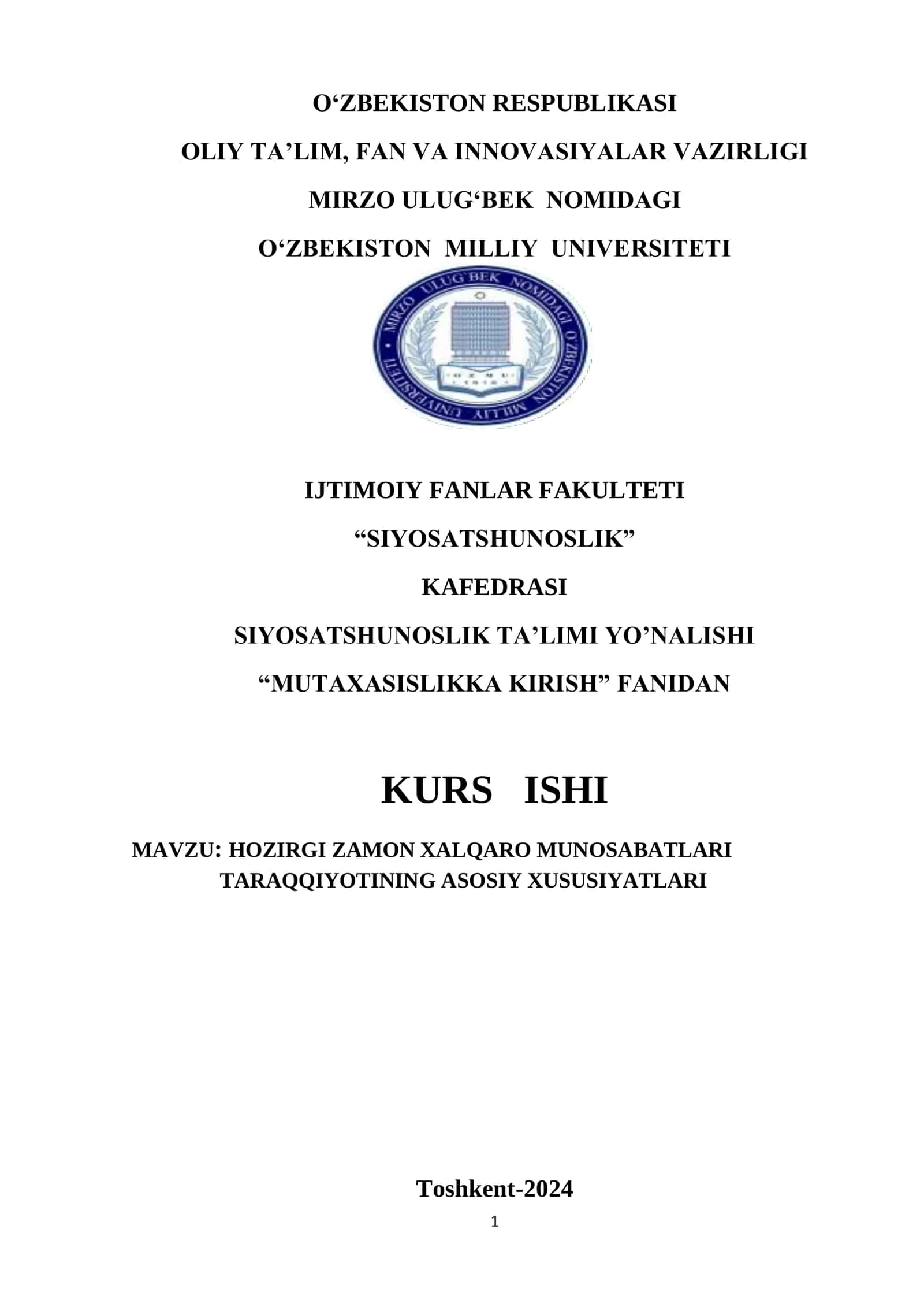 HOZIRGI ZAMON XALQARO MUNOSABATLARI TARAQQIYOTINING ASOSIY XUSUSIYATLARI 1