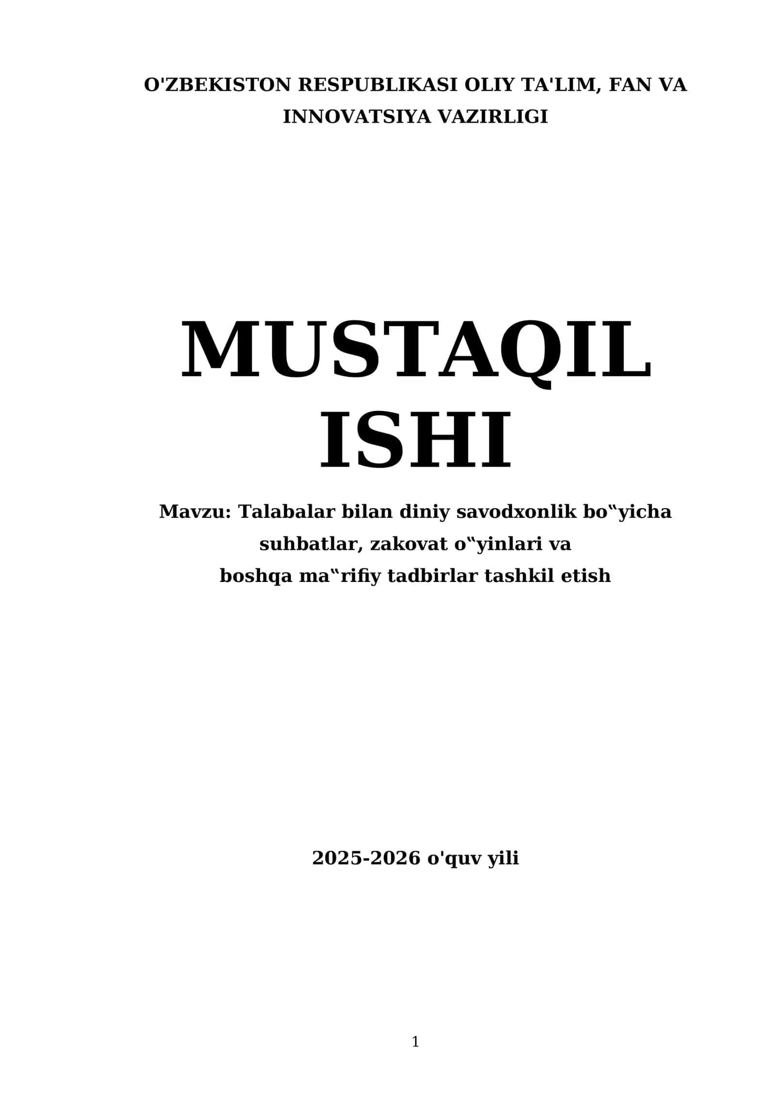 Talabalar bilan diniy savodxonlik bo‟yicha suhbatlar, zakovat o‟yinlari va boshqa ma‟rifiy tadbirlar tashkil etish 1