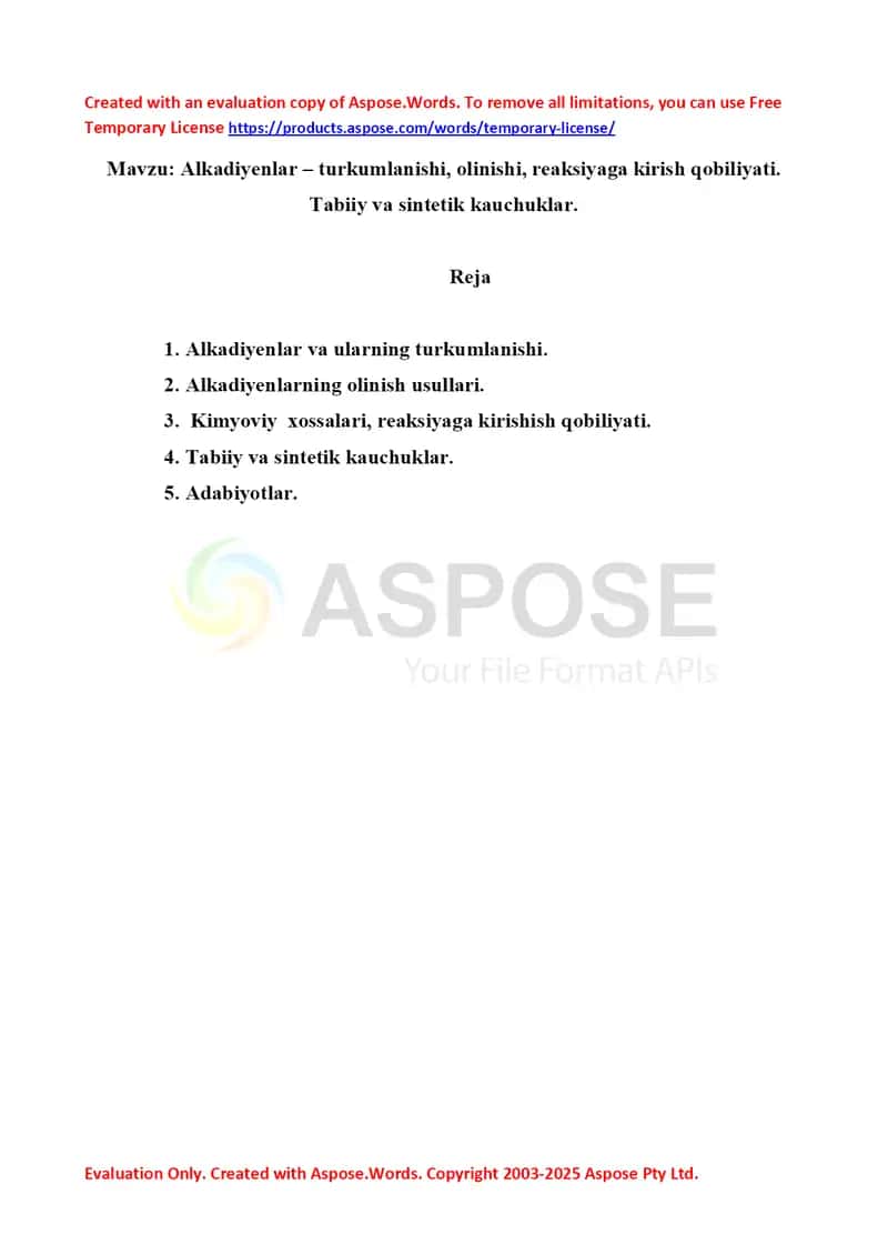 5. Alkadiyenlar – turkumlanishi, olinishi, reaksiyaga kirish qobiliyati. Tabiiy va sintetik kauchuklar. Referat 12 bet 1