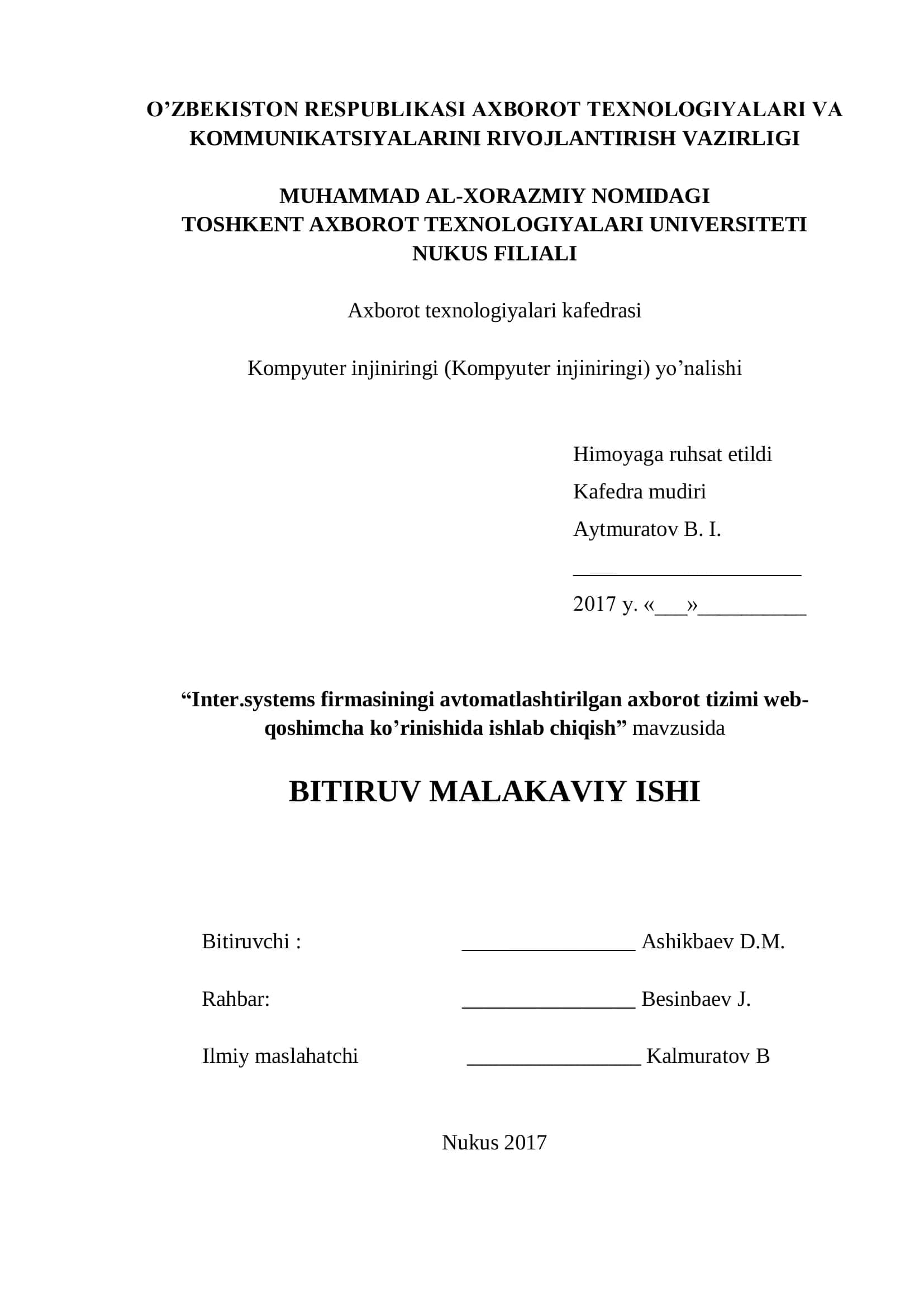 Avtomatlashtirilgan axborot tizimi web-qoshimcha ko’rinishida ishlab chiqish 1