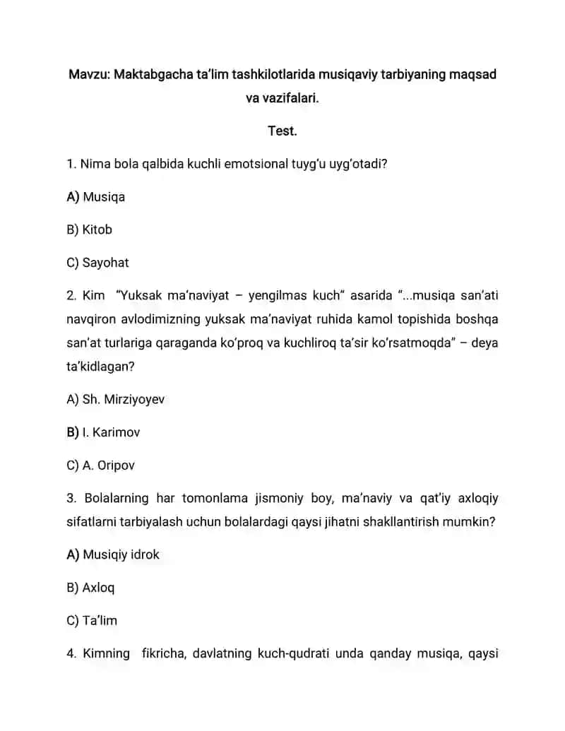 Maktabgacha taʼlim tashkilotlarida musiqaviy tarbiyaning maqsad va vazifalari