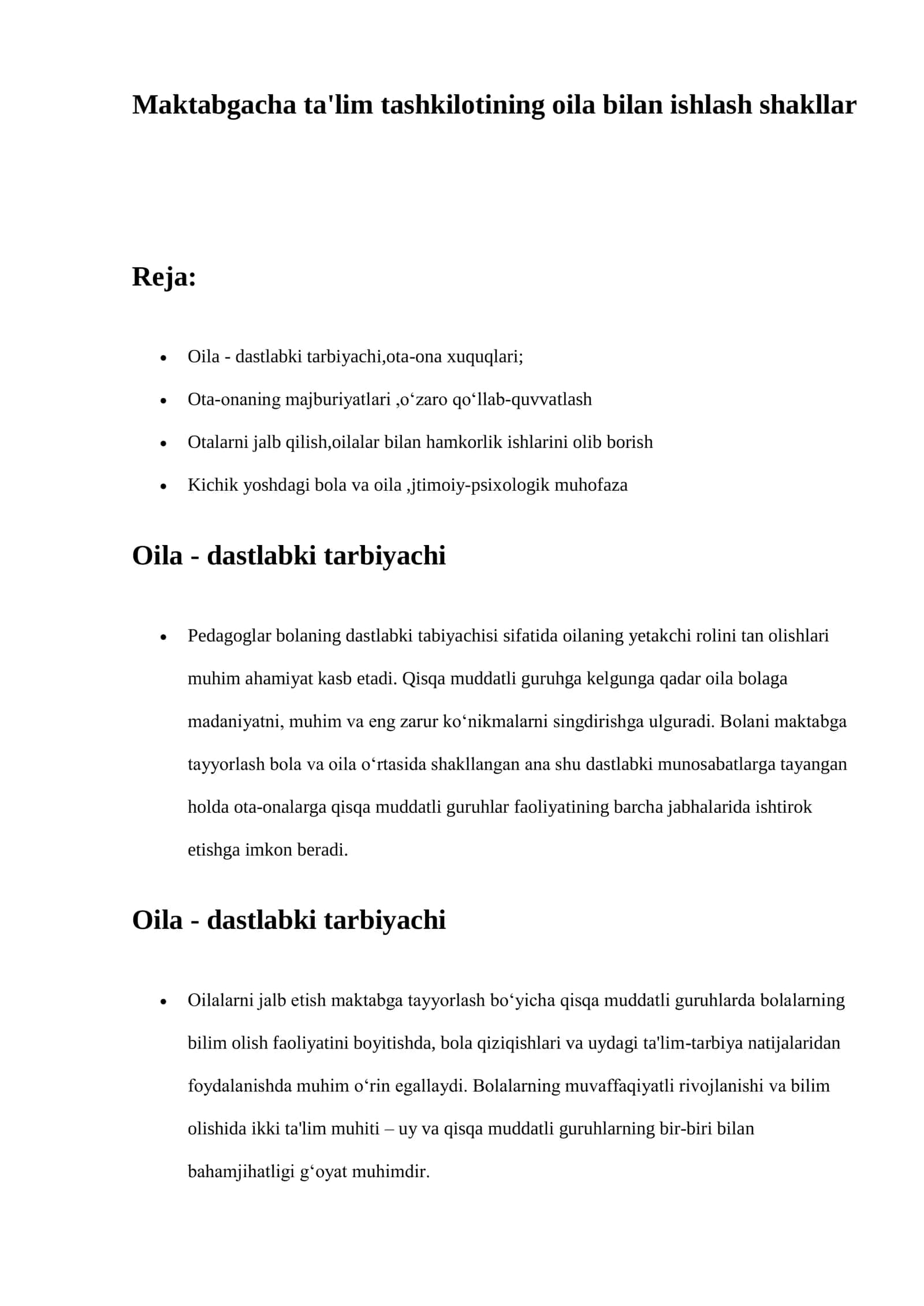 Maktabgacha ta'lim tashkilotining oila bilan ishlash shakllar 1