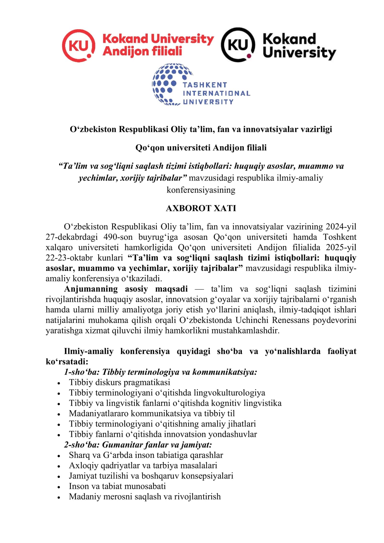 “Ta’lim va sog‘liqni saqlash tizimi istiqbollari: huquqiy asoslar, muammo va yechimlar, xorijiy tajribalar” mavzusidagi respublika ilmiy-amaliy konferensiya 1