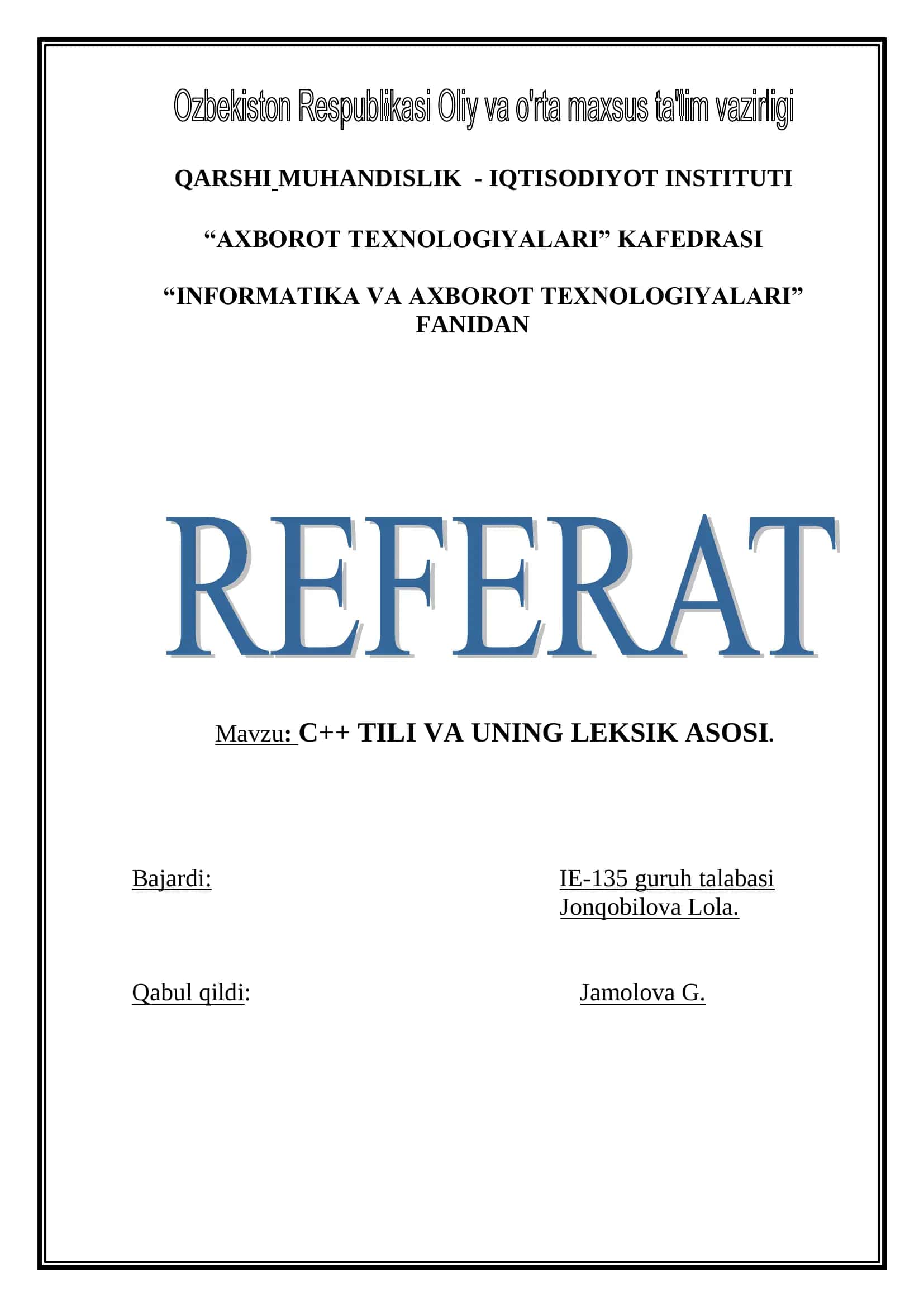 C++ TILI VA UNING LEKSIK ASOSI 1