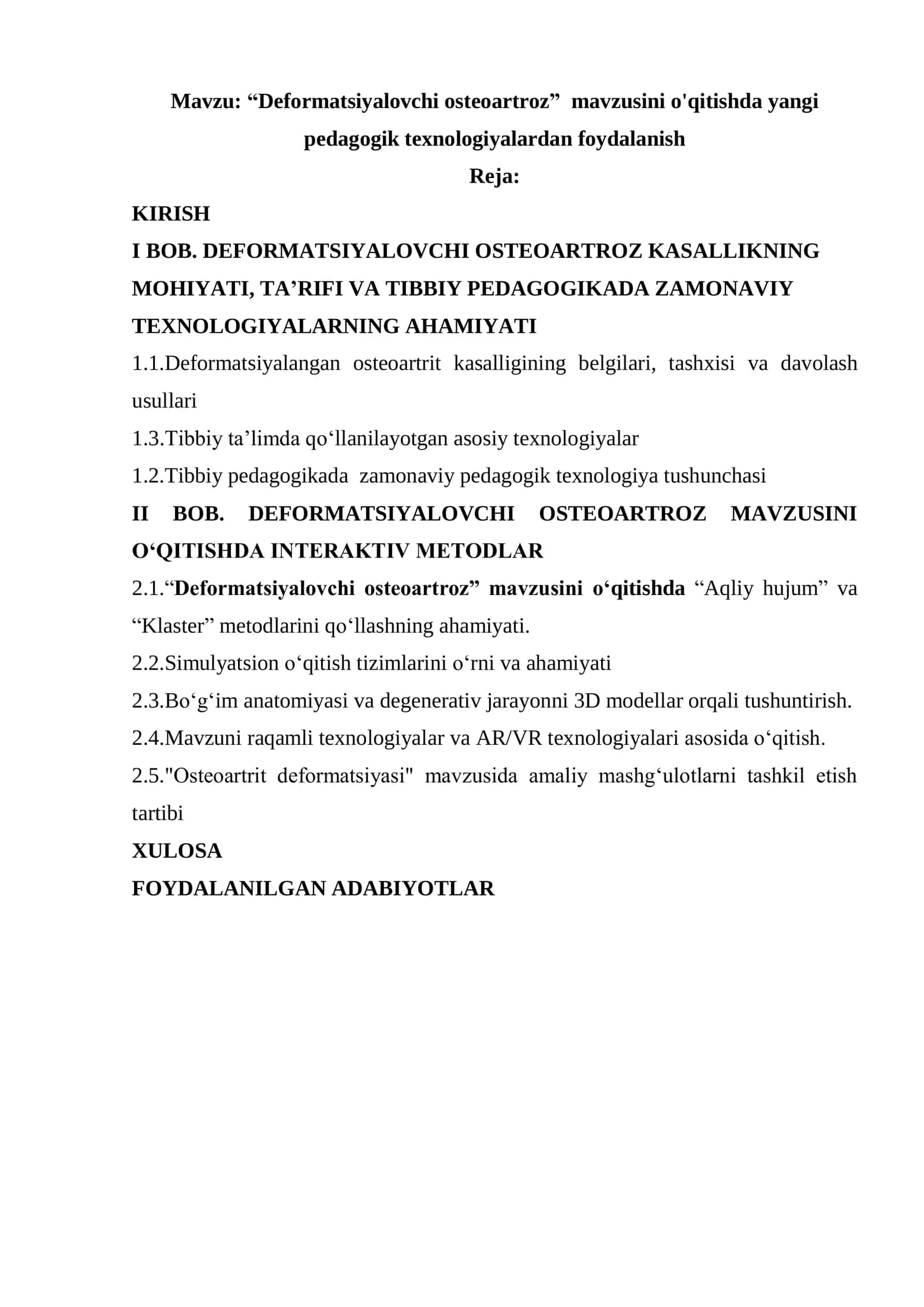 “Deformatsiyalovchi osteoartroz” mavzusini o'qitishda yangi pedagogik texnologiyalardan foydalanish 1
