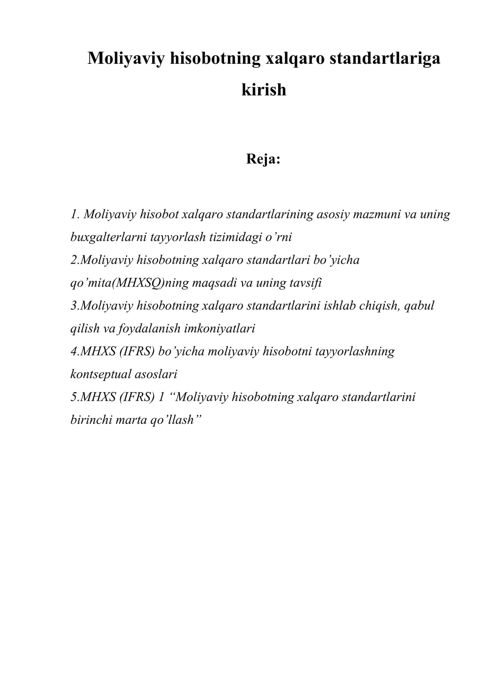 Moliyaviy hisobotning xalqaro standartlariga kirish 1