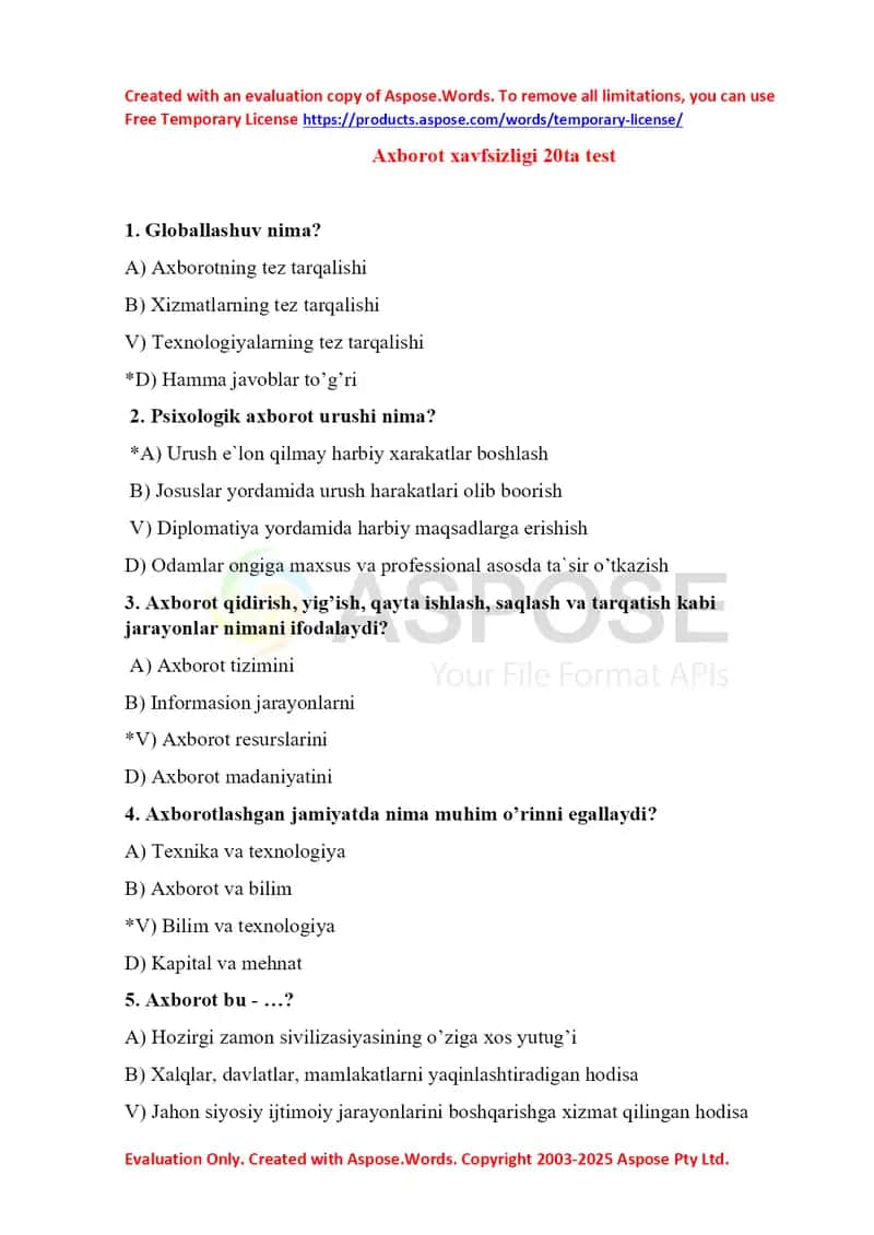 Axborot xavfsizligi test 1