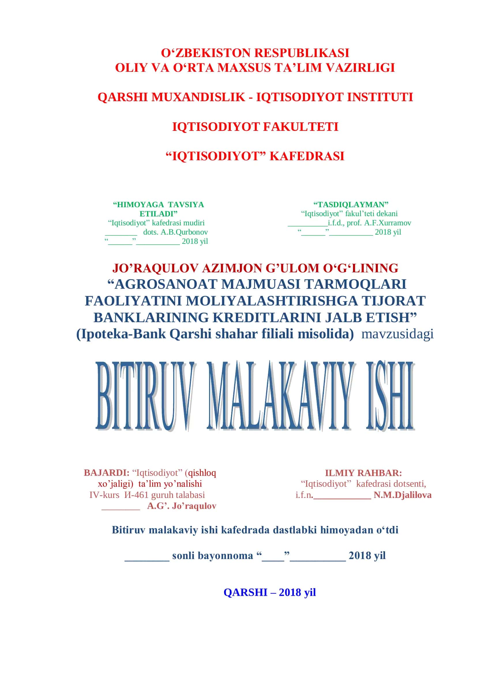 AGROSANOAT MAJMUASI TARMOQLARI FAOLIYATINI MOLIYALASHTIRISHDA TIJORAT BANKLARINING KREDITLARINI JALB ETISH 1