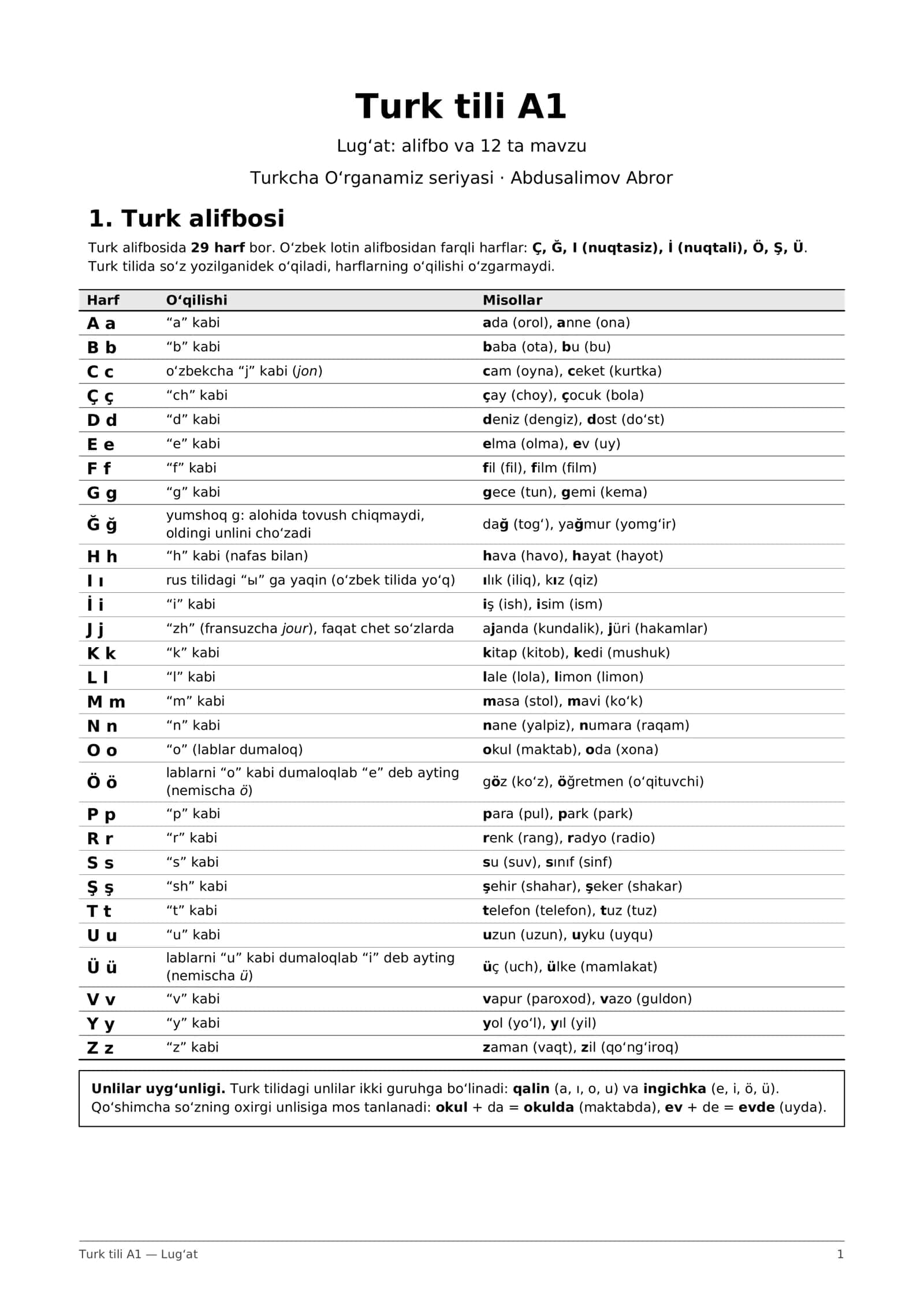 Turk tili A1 to'plam: lug'at + 500 savollik test + javoblar (PDF) 1
