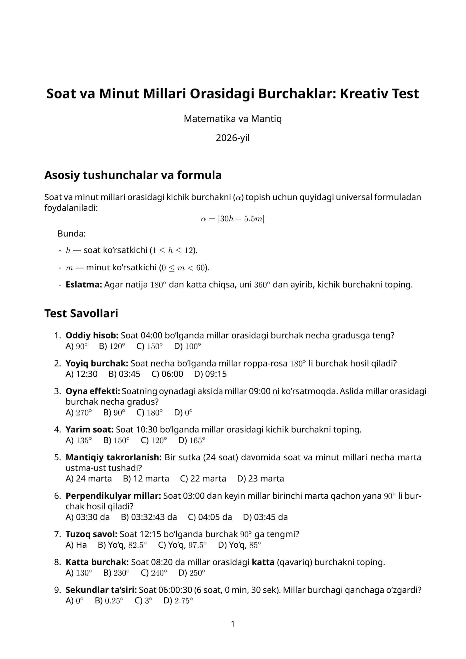 Soat va minut millari orasidagi burchaklar haqida 30 ta test kengaytirilgan ( Javoblari bilan ) 1