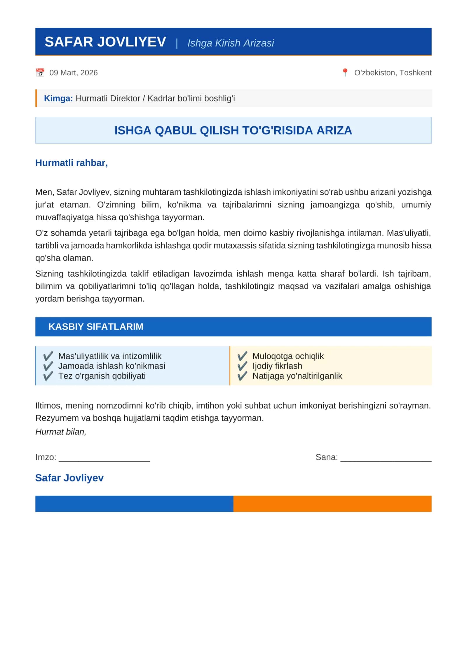 Ishga Kirish Arizasi 1