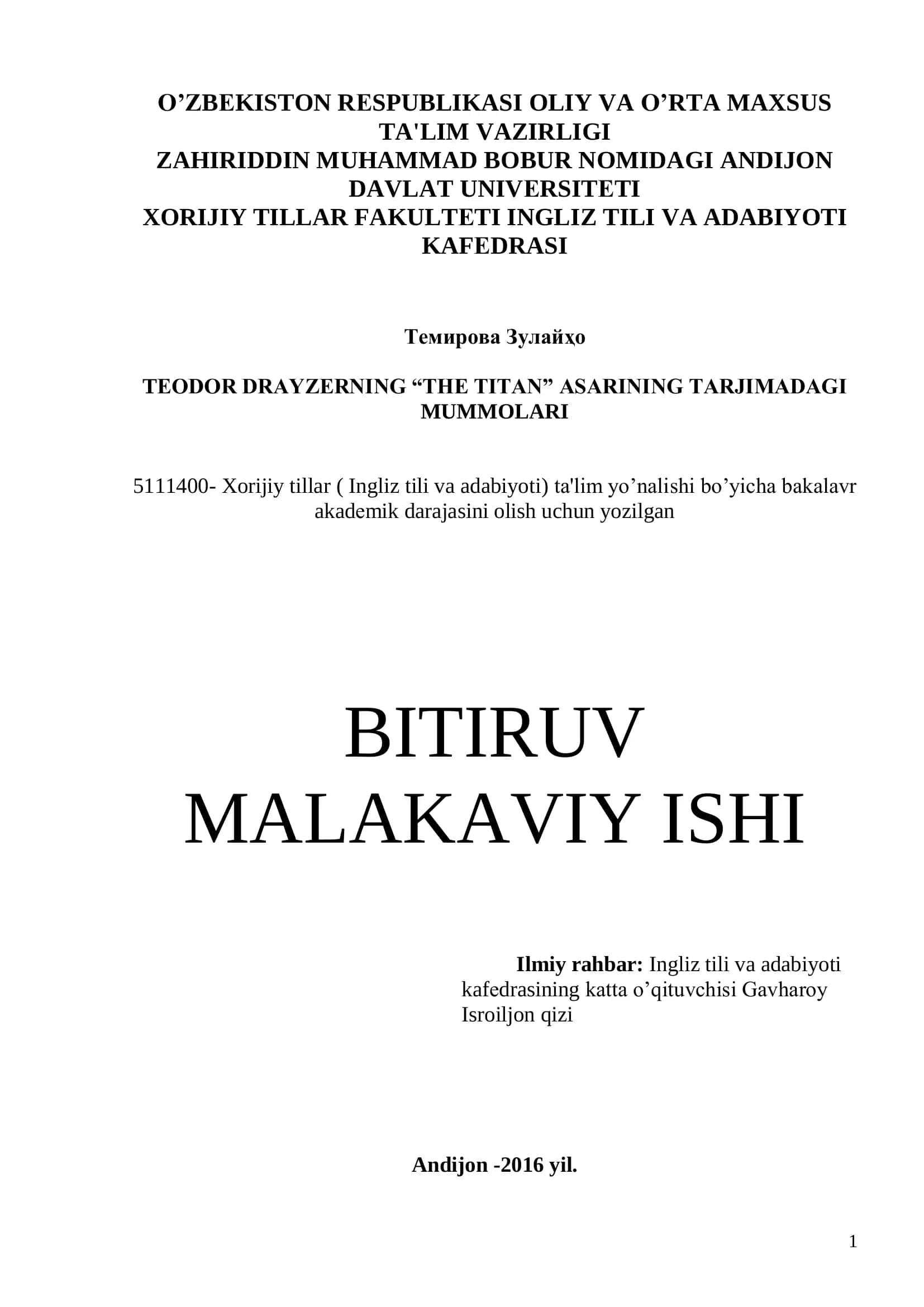 TEODOR DRAYZERNING “THE TITAN” ASARINING TARJIMADAGI MUMMOLARI 1