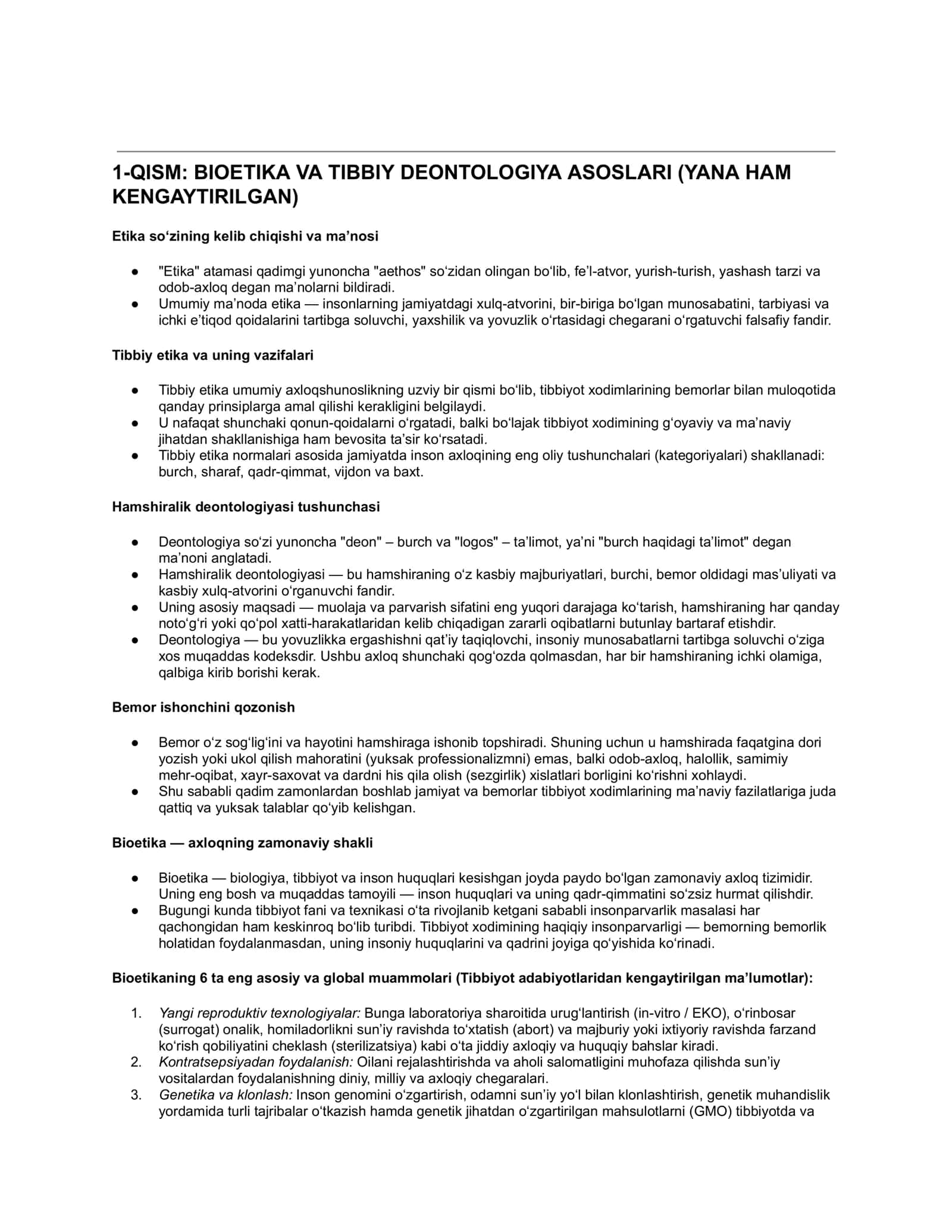 1-QISM: BIOETIKA VA TIBBIY DEONTOLOGIYA ASOSLARI (YANA HAM KENGAYTIRILGAN) 1