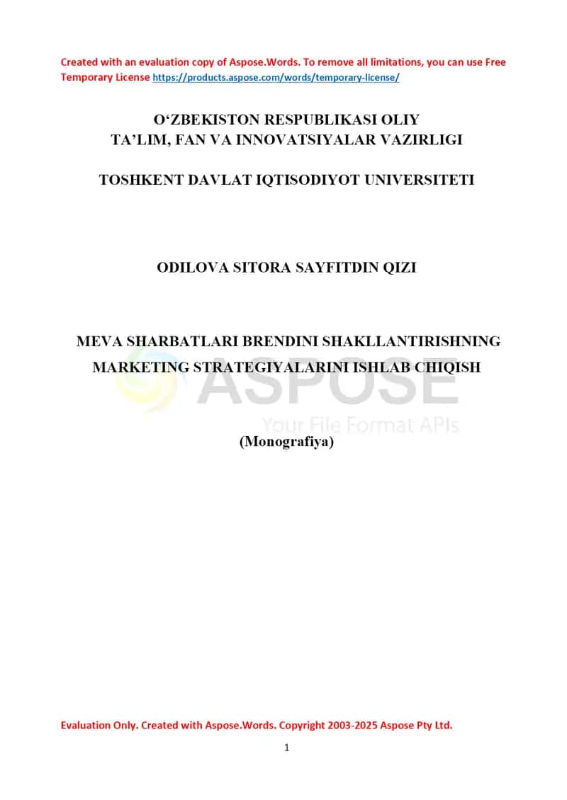 Monografiya “Meva sharbatlari brendini shakllantirishning marketing strategiyalarini ishlab chiqish” 1