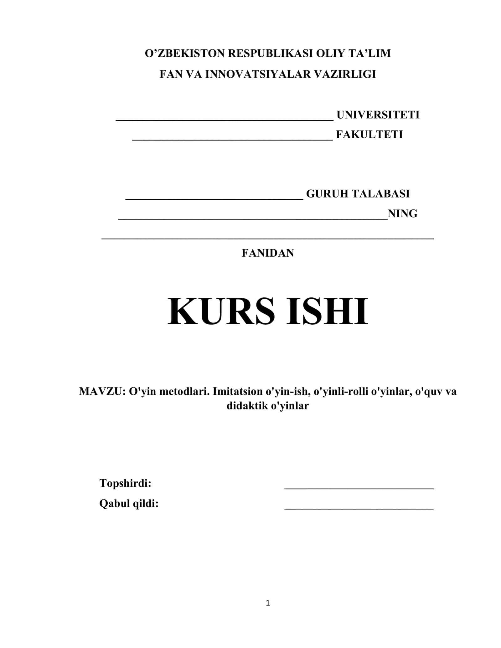 O'yin metodlari. Imitatsion o'yin-ish, o'yinli-rolli o'yinlar, o'quv va didaktik o'yinlar 1