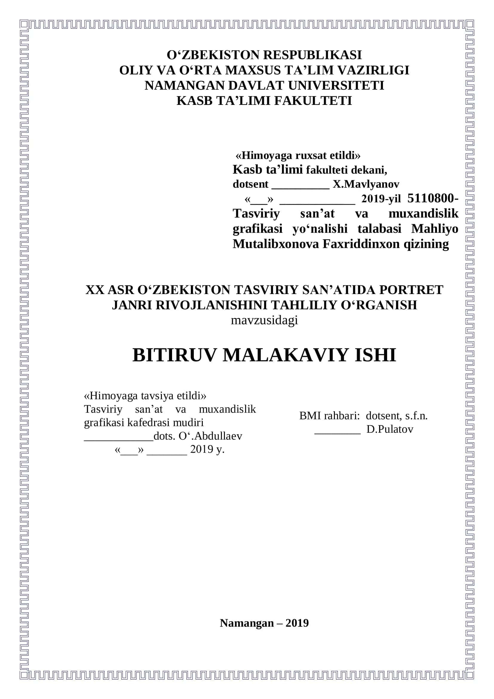 XX ASR O‘ZBEKISTON TASVIRIY SAN’ATIDA PORTRET JANRI RIVOJLANISHINI TAHLILIY O‘RGANISH 1