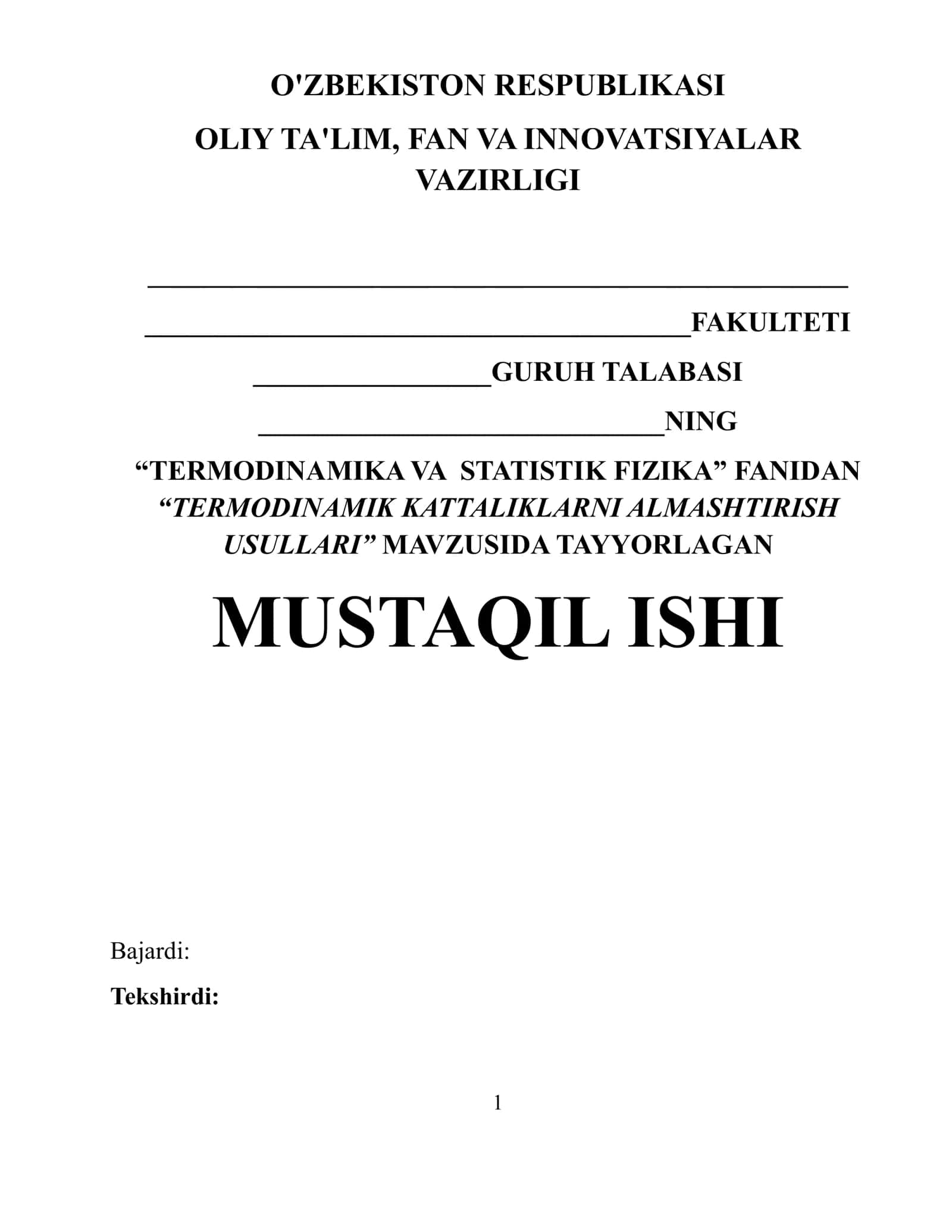 Mustaqil ish. Termodinamika va statistik fizika fanidan mustaqil ish 1